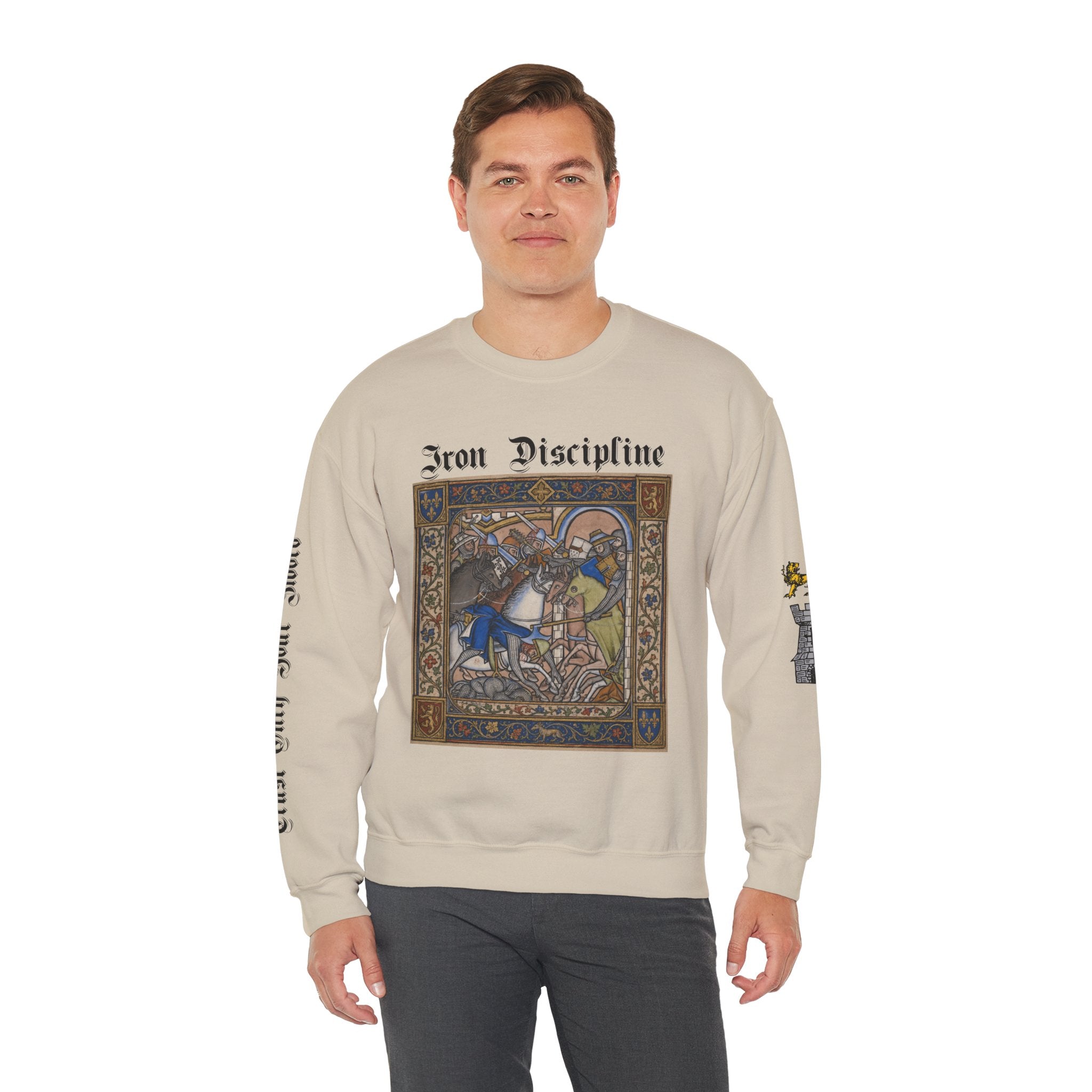 Iron Discipline Crewneck Sweatshirt — Medieval Gauntlet Graphic