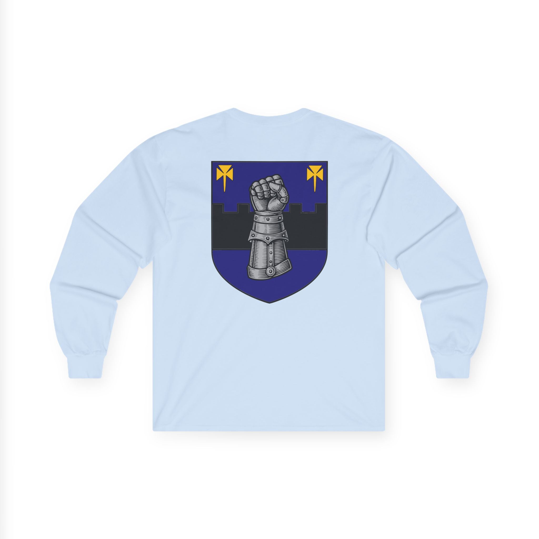 Medieval Gauntlet Long Sleeve Tee — 'The Iron Gauntlet' Dragon Crest Shirt