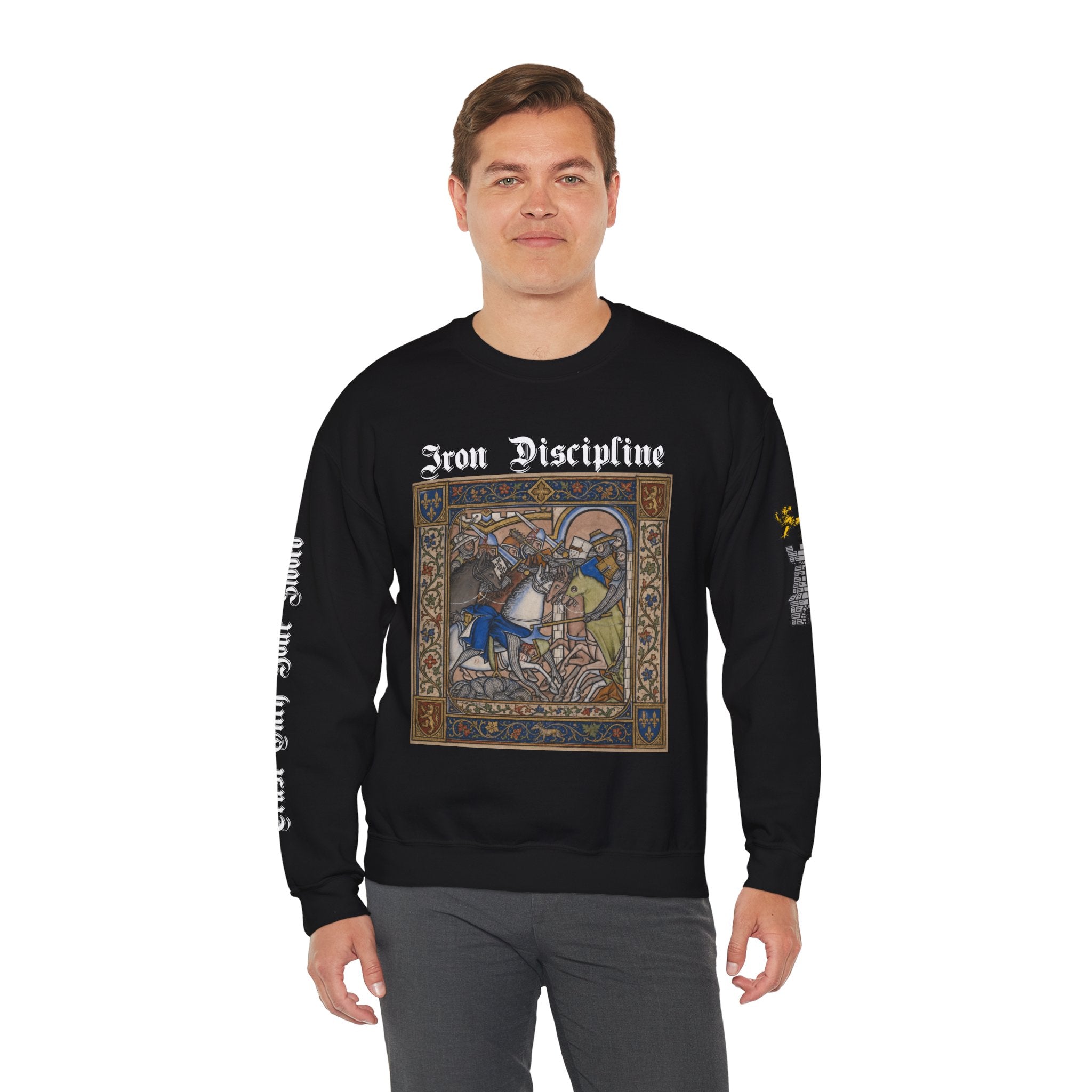 Iron Discipline Crewneck Sweatshirt — Medieval Gauntlet Graphic