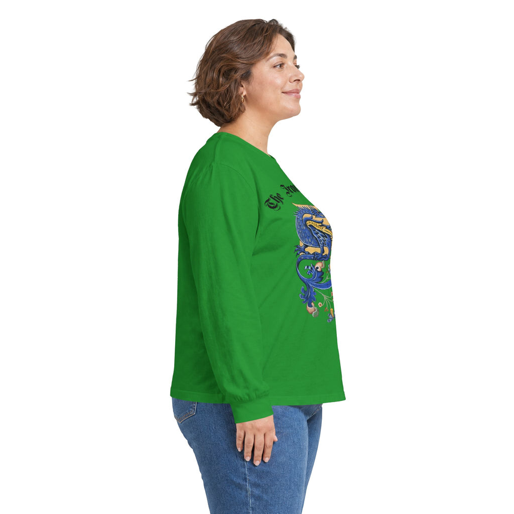 Medieval Gauntlet Long Sleeve Tee — 'The Iron Gauntlet' Dragon Crest Shirt