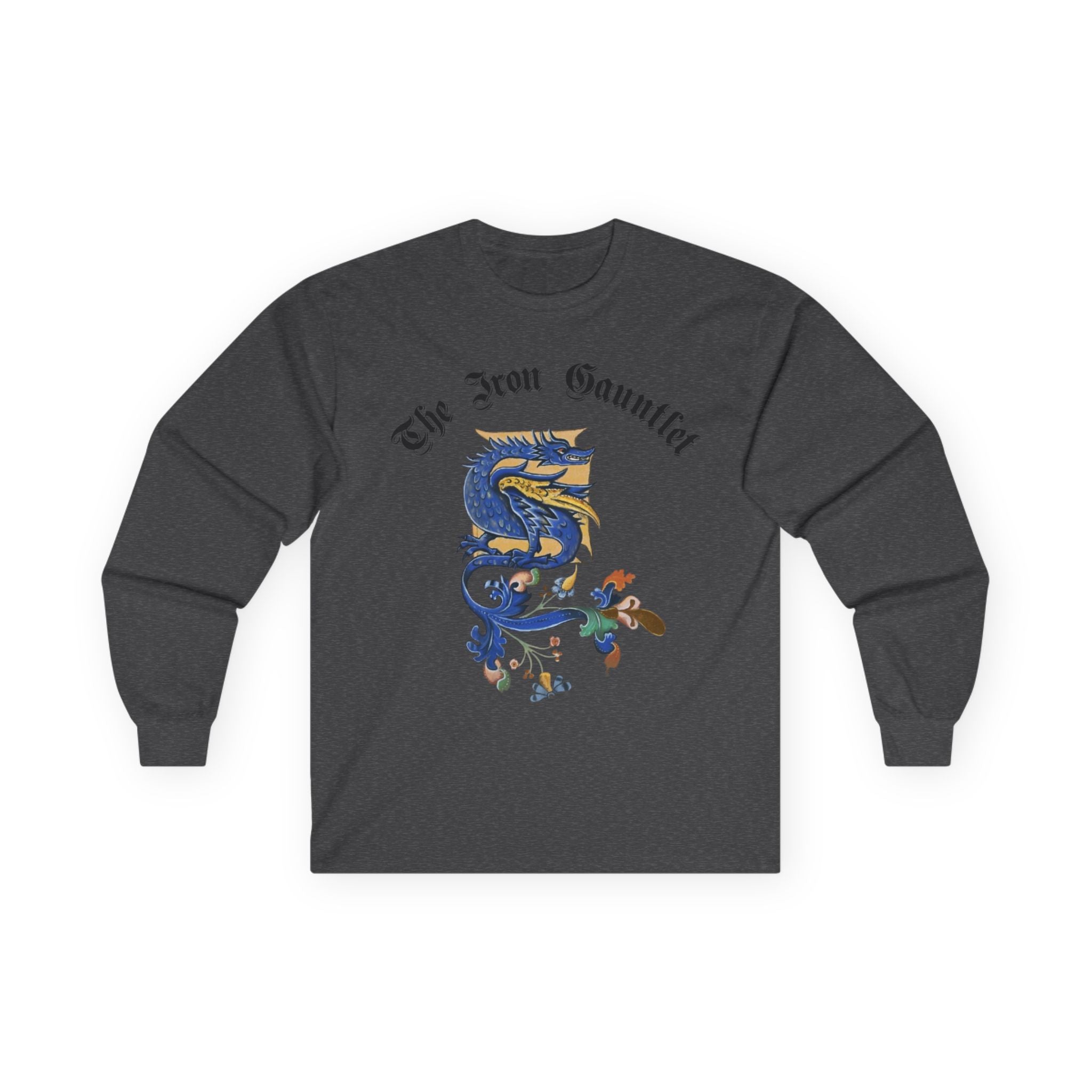 Medieval Gauntlet Long Sleeve Tee — 'The Iron Gauntlet' Dragon Crest Shirt