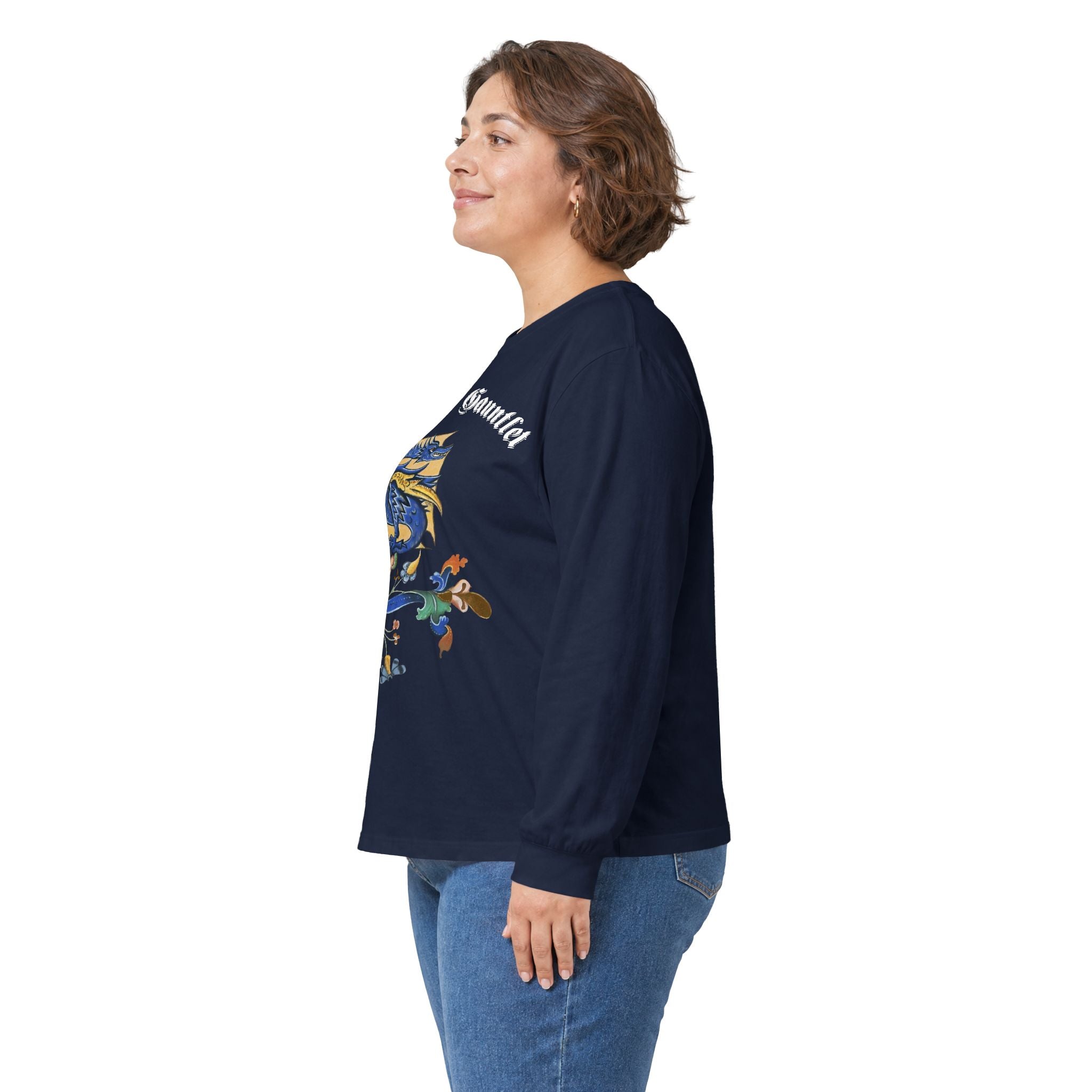 Medieval Gauntlet Long Sleeve Tee — 'The Iron Gauntlet' Dragon Crest Shirt