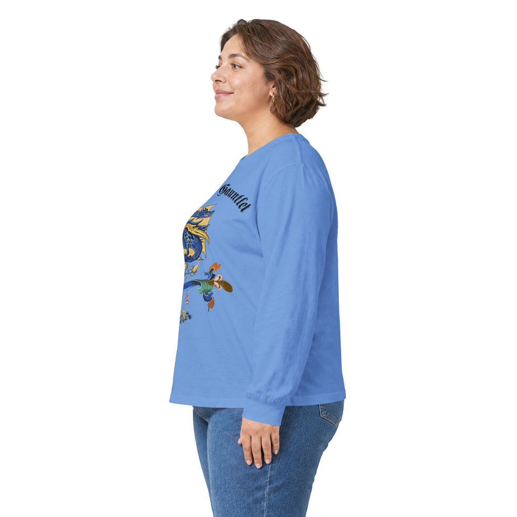 Medieval Gauntlet Long Sleeve Tee — 'The Iron Gauntlet' Dragon Crest Shirt