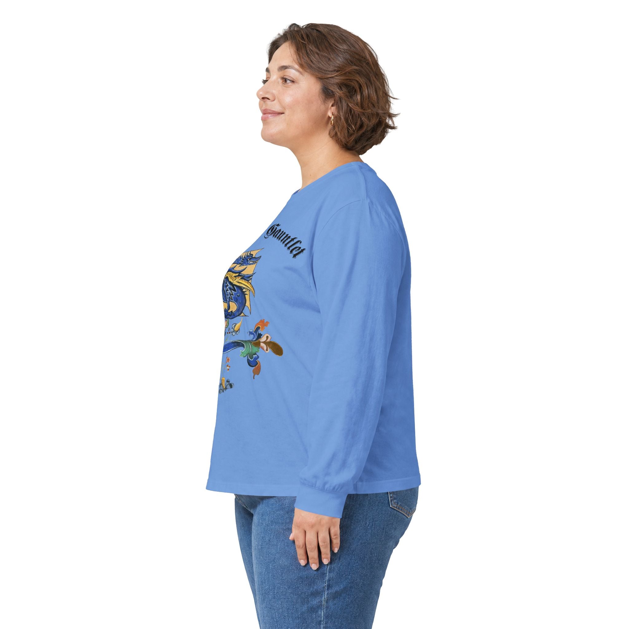 Medieval Gauntlet Long Sleeve Tee — 'The Iron Gauntlet' Dragon Crest Shirt