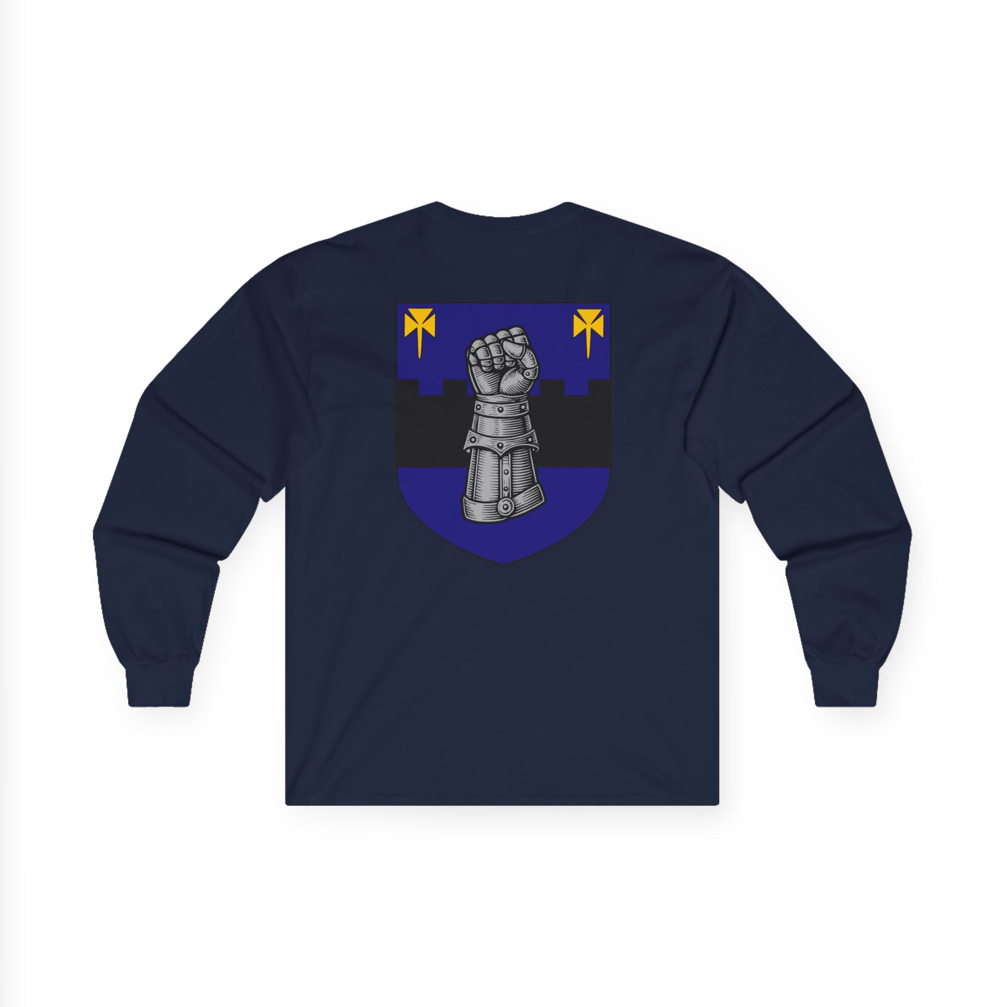 Medieval Gauntlet Long Sleeve Tee — 'The Iron Gauntlet' Dragon Crest Shirt