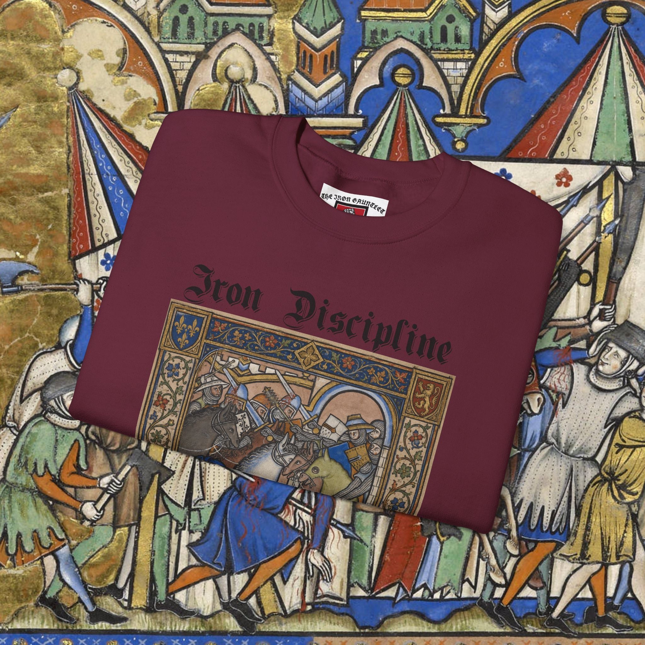 Iron Discipline Crewneck Sweatshirt — Medieval Gauntlet Graphic