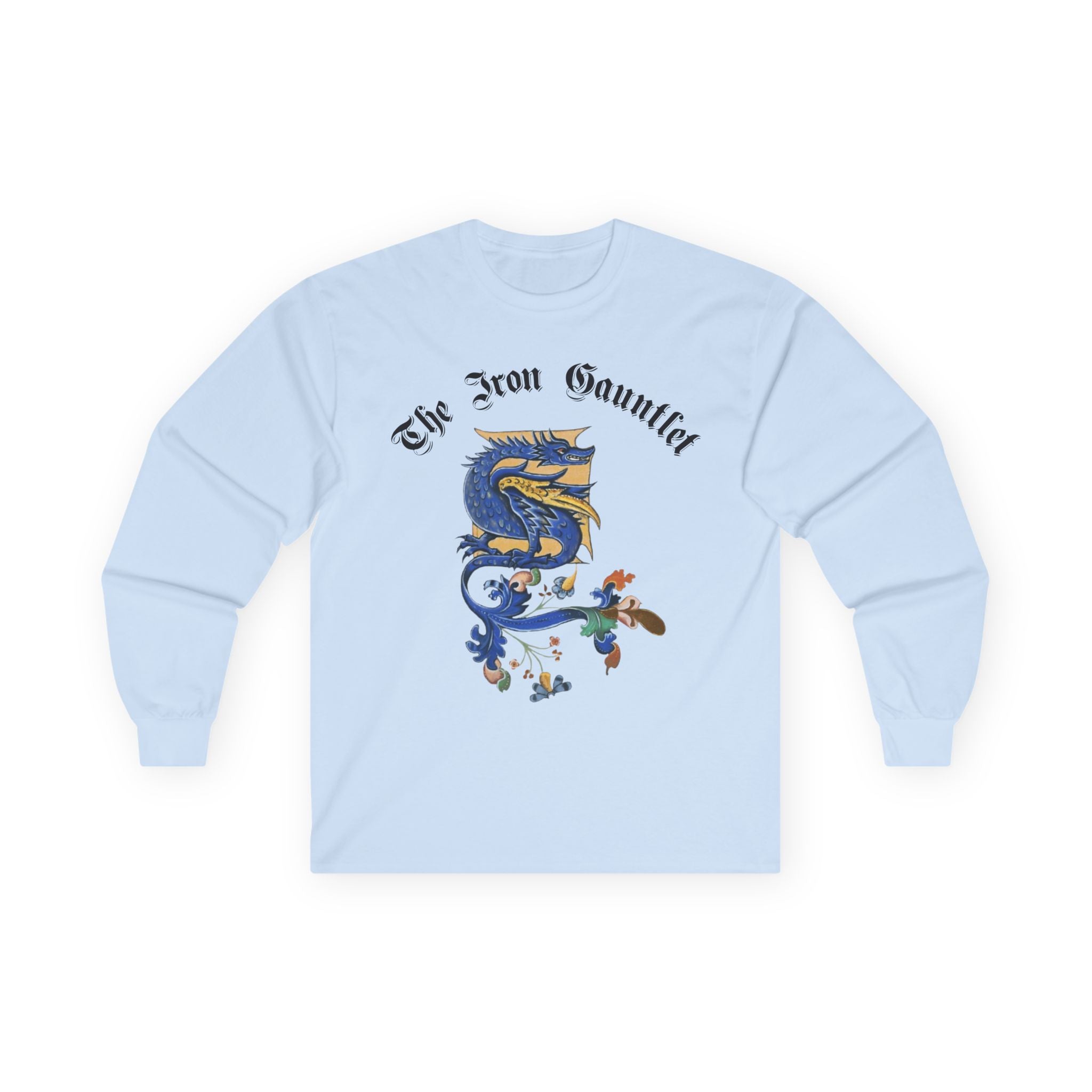 Medieval Gauntlet Long Sleeve Tee — 'The Iron Gauntlet' Dragon Crest Shirt