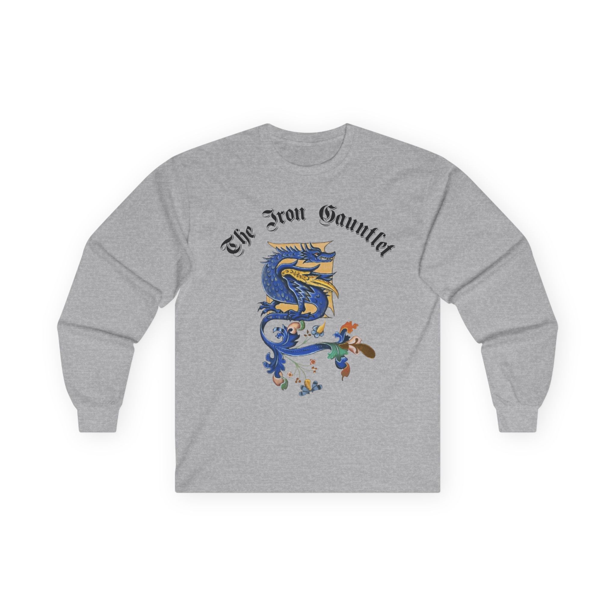 Medieval Gauntlet Long Sleeve Tee — 'The Iron Gauntlet' Dragon Crest Shirt
