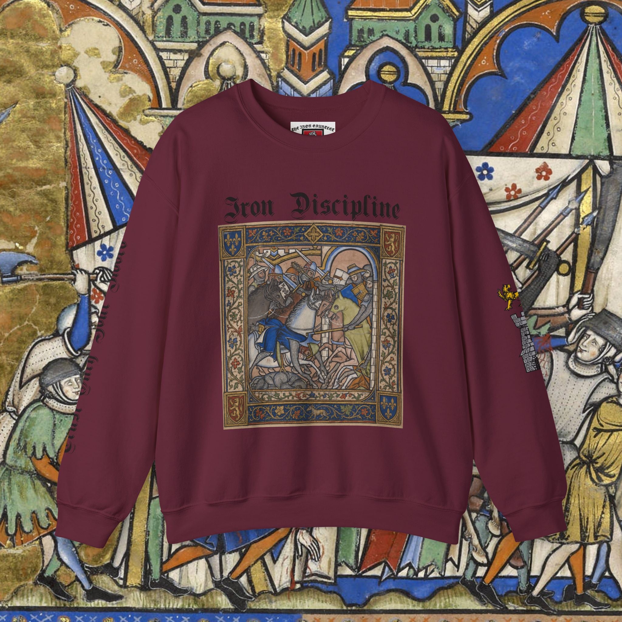 Iron Discipline Crewneck Sweatshirt — Medieval Gauntlet Graphic
