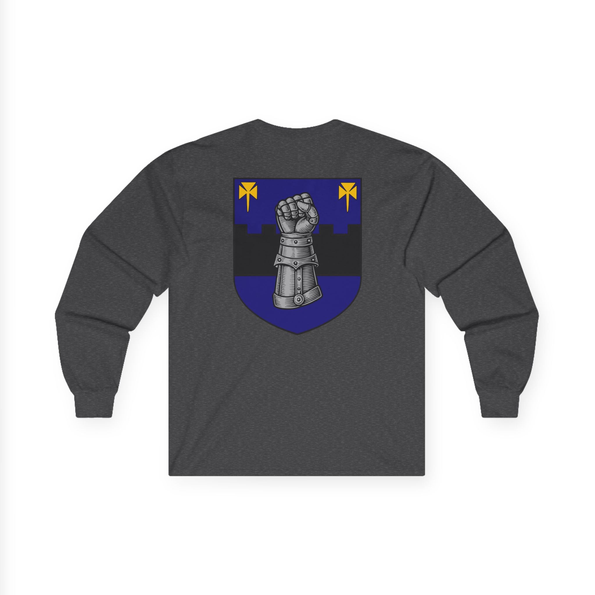 Medieval Gauntlet Long Sleeve Tee — 'The Iron Gauntlet' Dragon Crest Shirt