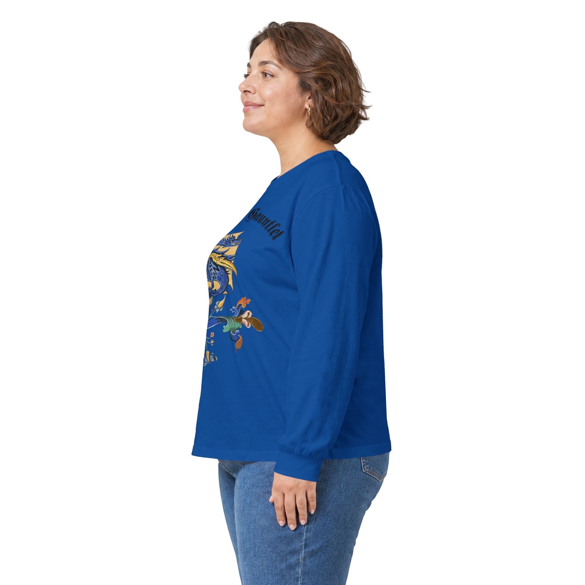 Medieval Gauntlet Long Sleeve Tee — 'The Iron Gauntlet' Dragon Crest Shirt