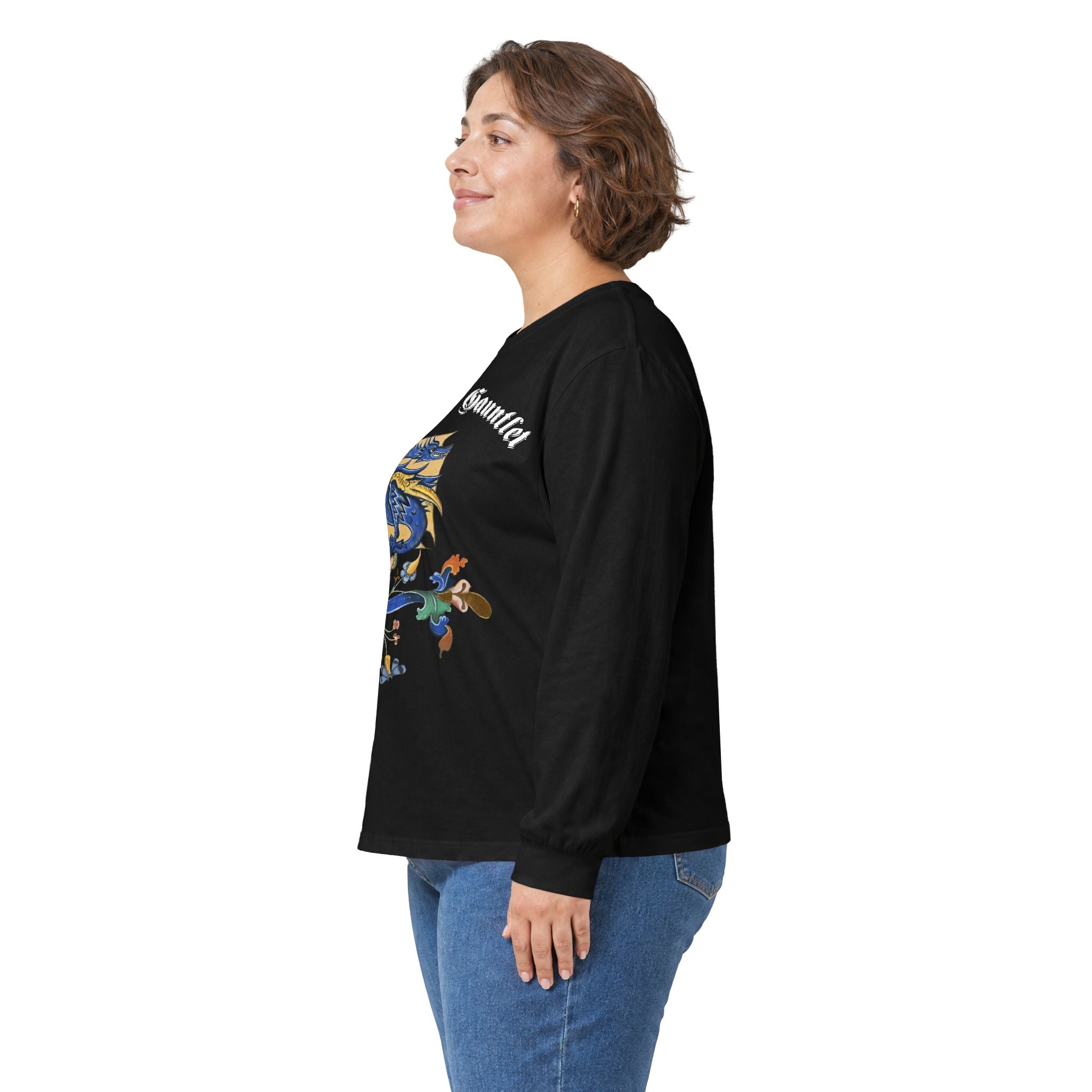 Medieval Gauntlet Long Sleeve Tee — 'The Iron Gauntlet' Dragon Crest Shirt