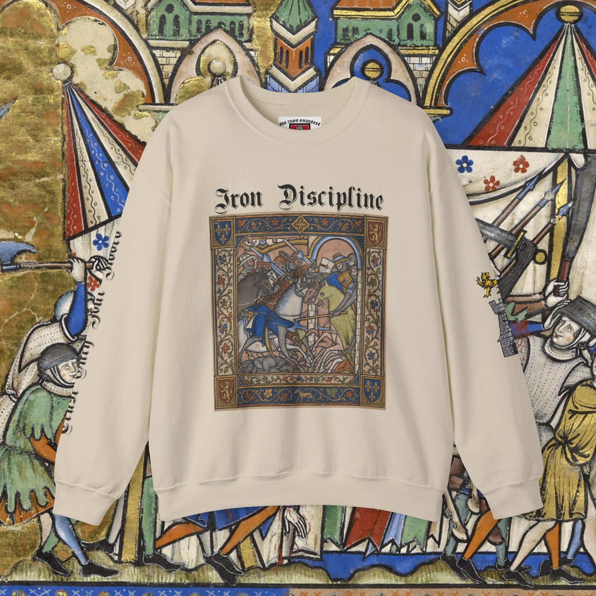 Iron Discipline Crewneck Sweatshirt — Medieval Gauntlet Graphic