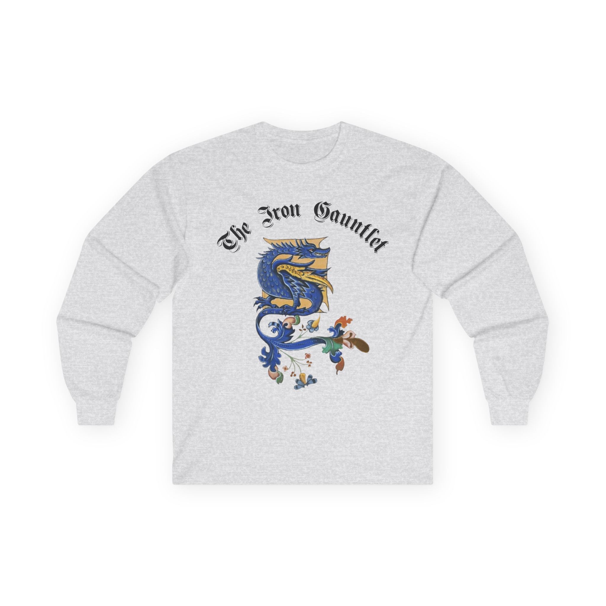 Medieval Gauntlet Long Sleeve Tee — 'The Iron Gauntlet' Dragon Crest Shirt