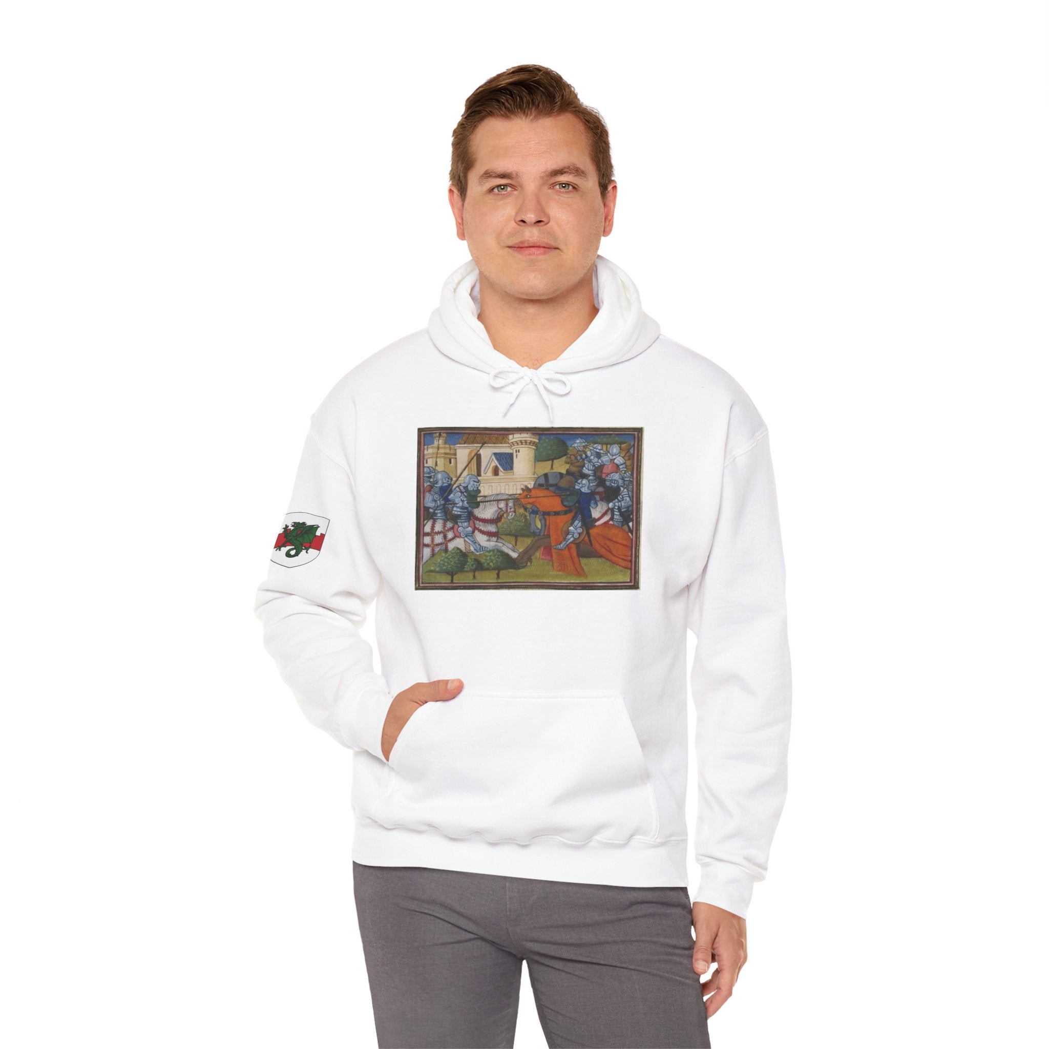 Medieval Knight Hoodie — Heraldic Fist Crest & Tapestry Art Hoodie