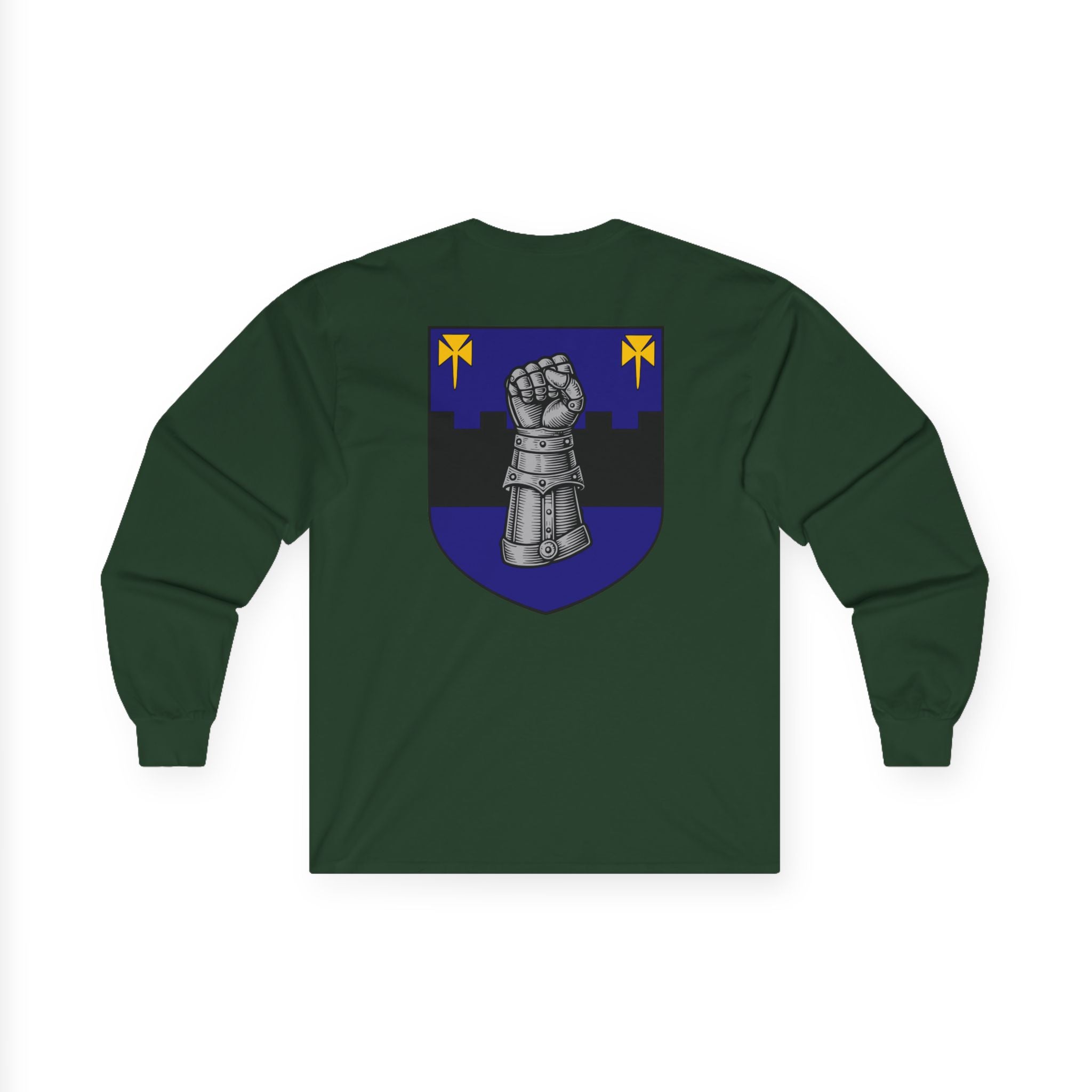Medieval Gauntlet Long Sleeve Tee — 'The Iron Gauntlet' Dragon Crest Shirt