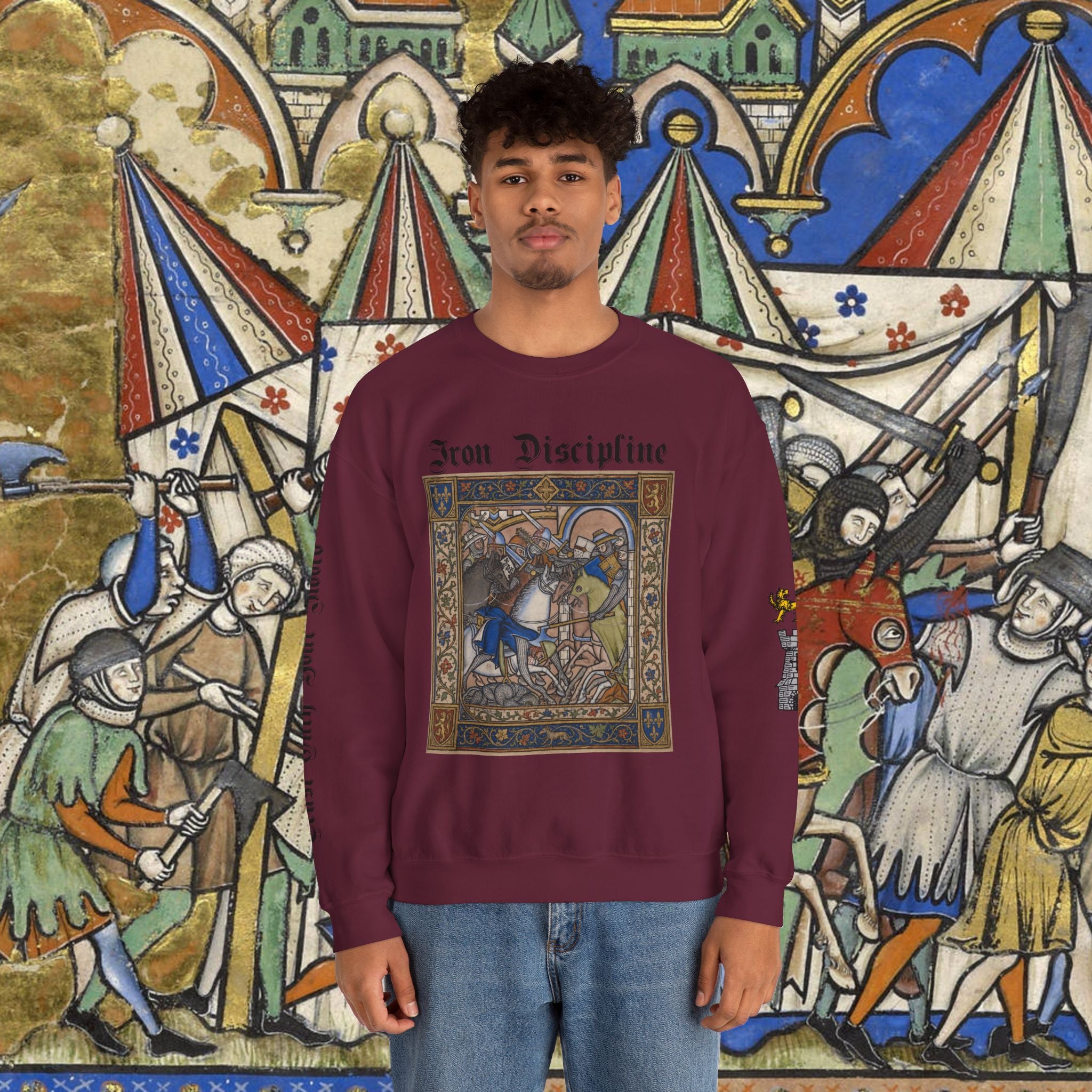 Iron Discipline Crewneck Sweatshirt — Medieval Gauntlet Graphic