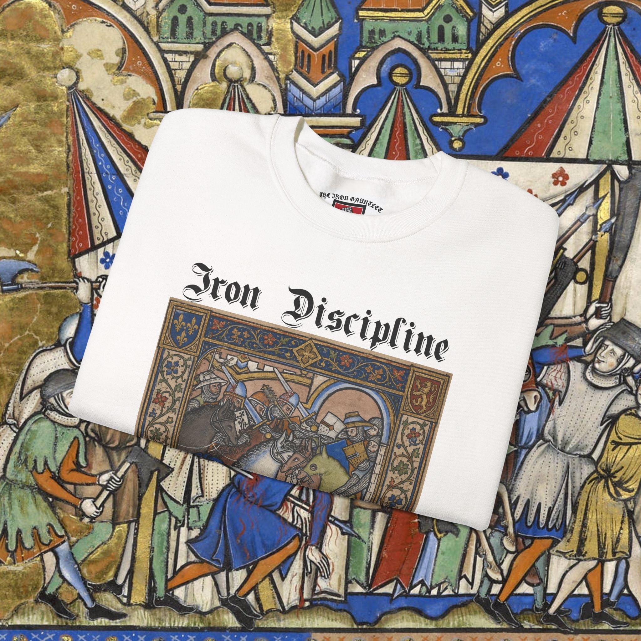 Iron Discipline Crewneck Sweatshirt — Medieval Gauntlet Graphic
