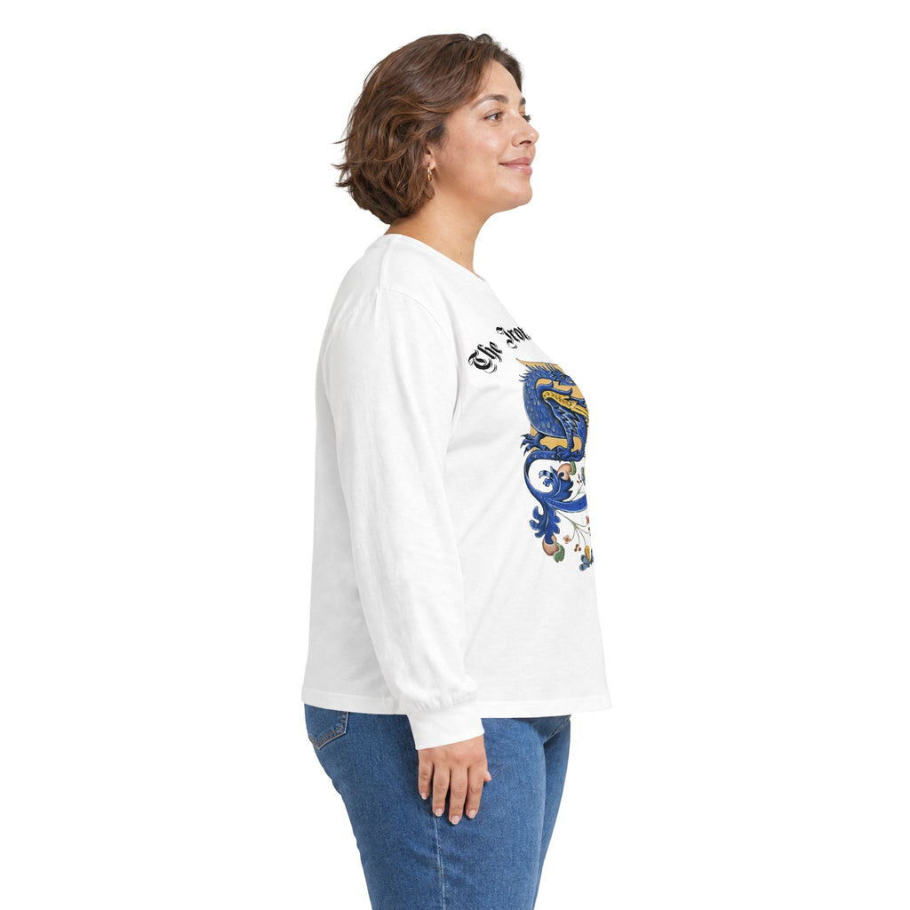 Medieval Gauntlet Long Sleeve Tee — 'The Iron Gauntlet' Dragon Crest Shirt