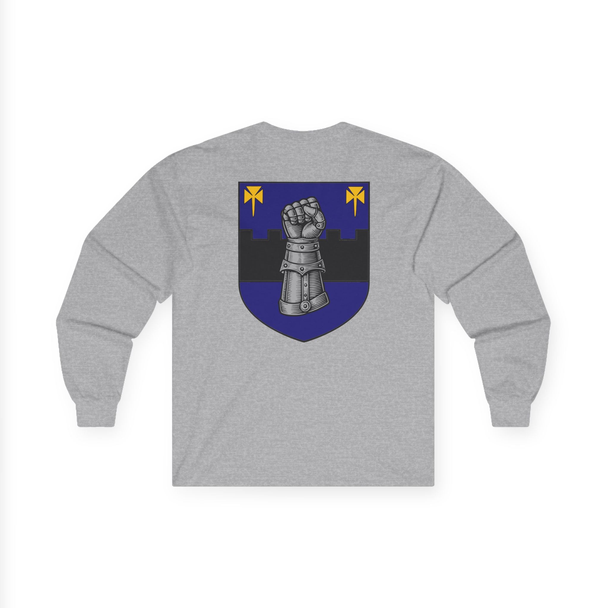 Medieval Gauntlet Long Sleeve Tee — 'The Iron Gauntlet' Dragon Crest Shirt