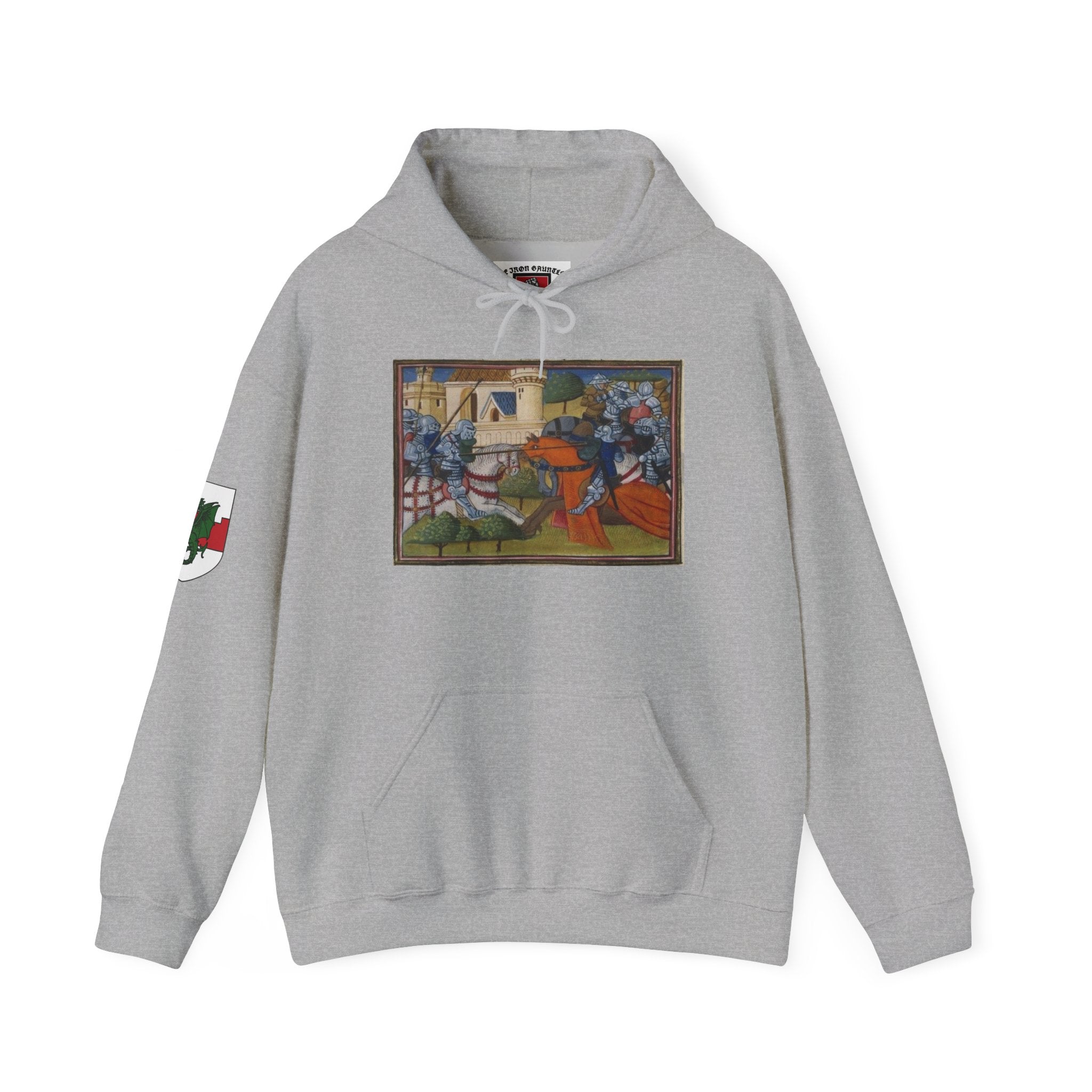 Medieval Knight Hoodie — Heraldic Fist Crest & Tapestry Art Hoodie