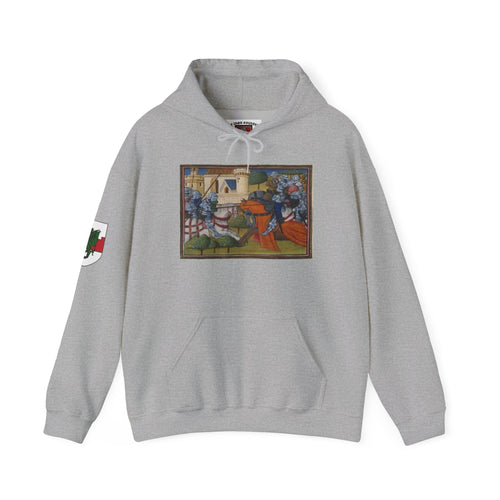 Medieval Knight Hoodie — Heraldic Fist Crest & Tapestry Art Hoodie