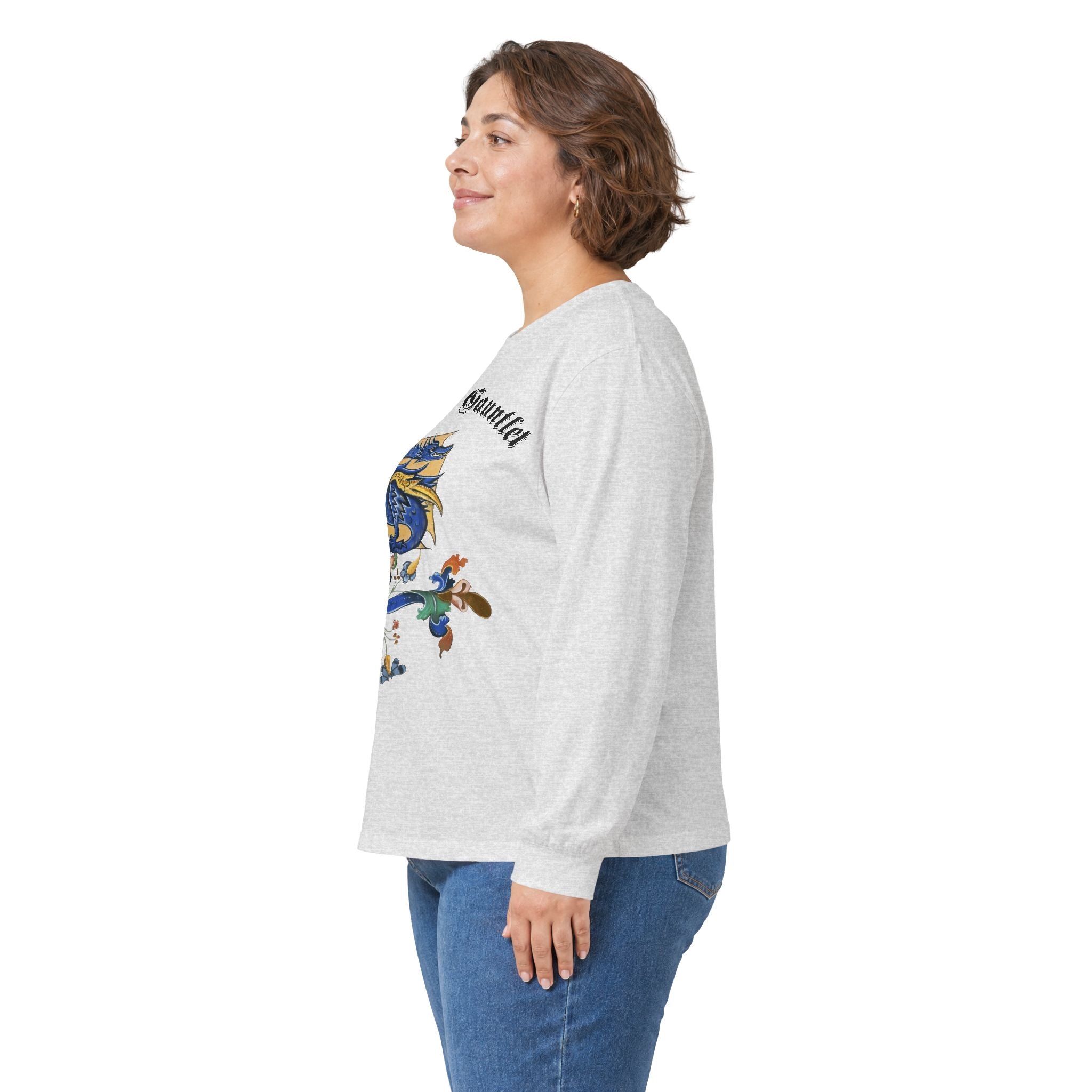 Medieval Gauntlet Long Sleeve Tee — 'The Iron Gauntlet' Dragon Crest Shirt