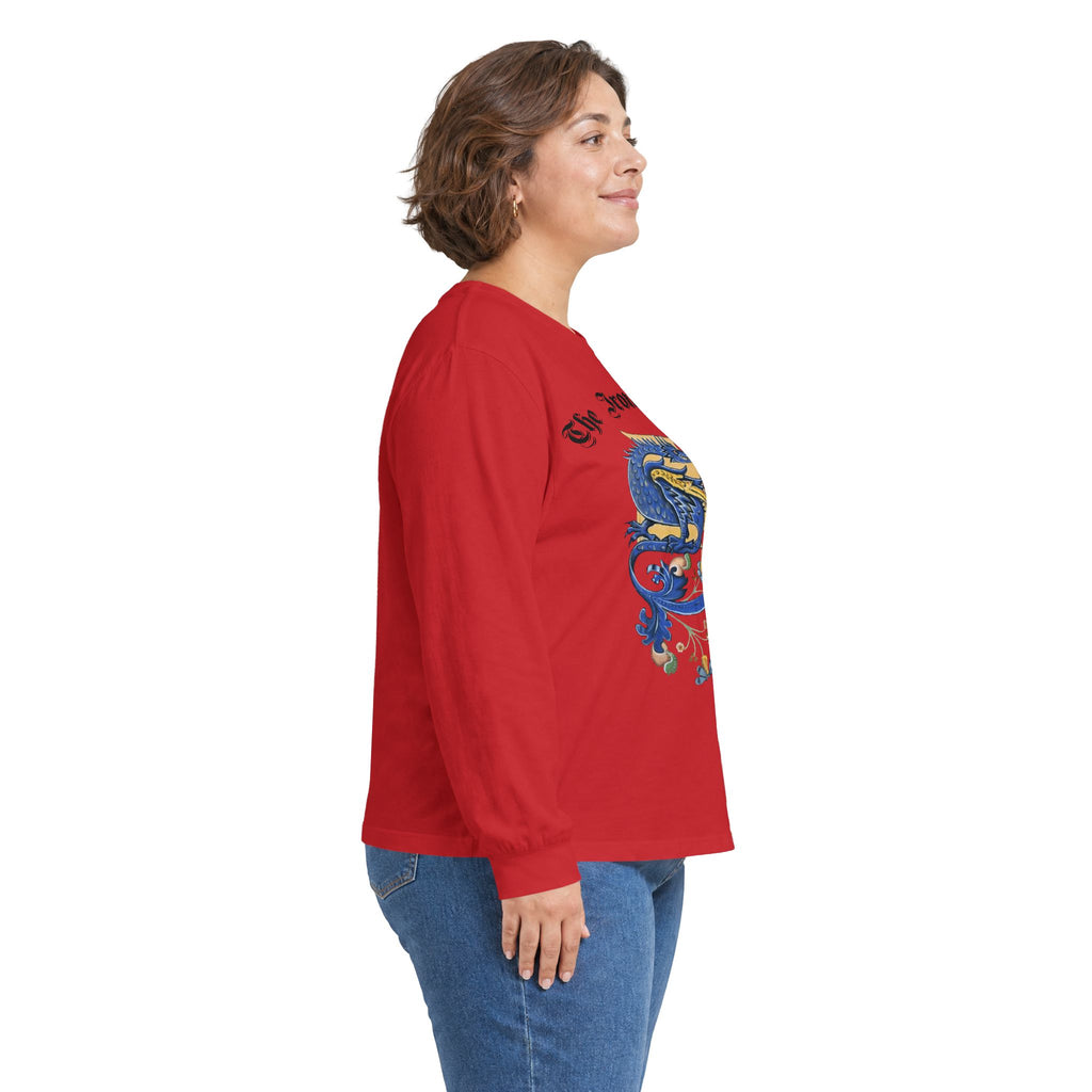 Medieval Gauntlet Long Sleeve Tee — 'The Iron Gauntlet' Dragon Crest Shirt