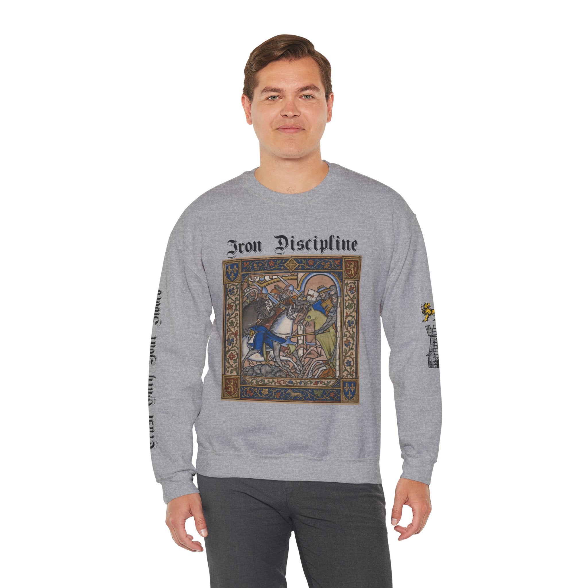 Iron Discipline Crewneck Sweatshirt — Medieval Gauntlet Graphic