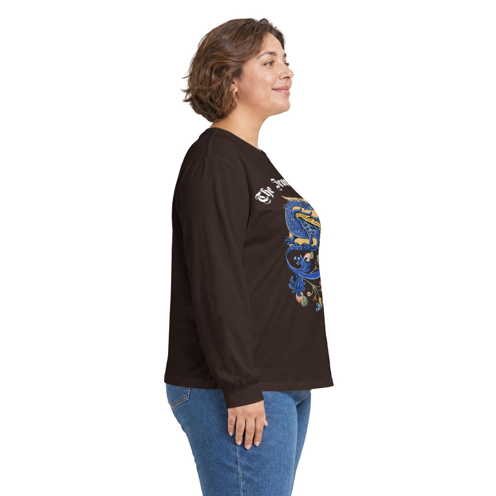 Medieval Gauntlet Long Sleeve Tee — 'The Iron Gauntlet' Dragon Crest Shirt
