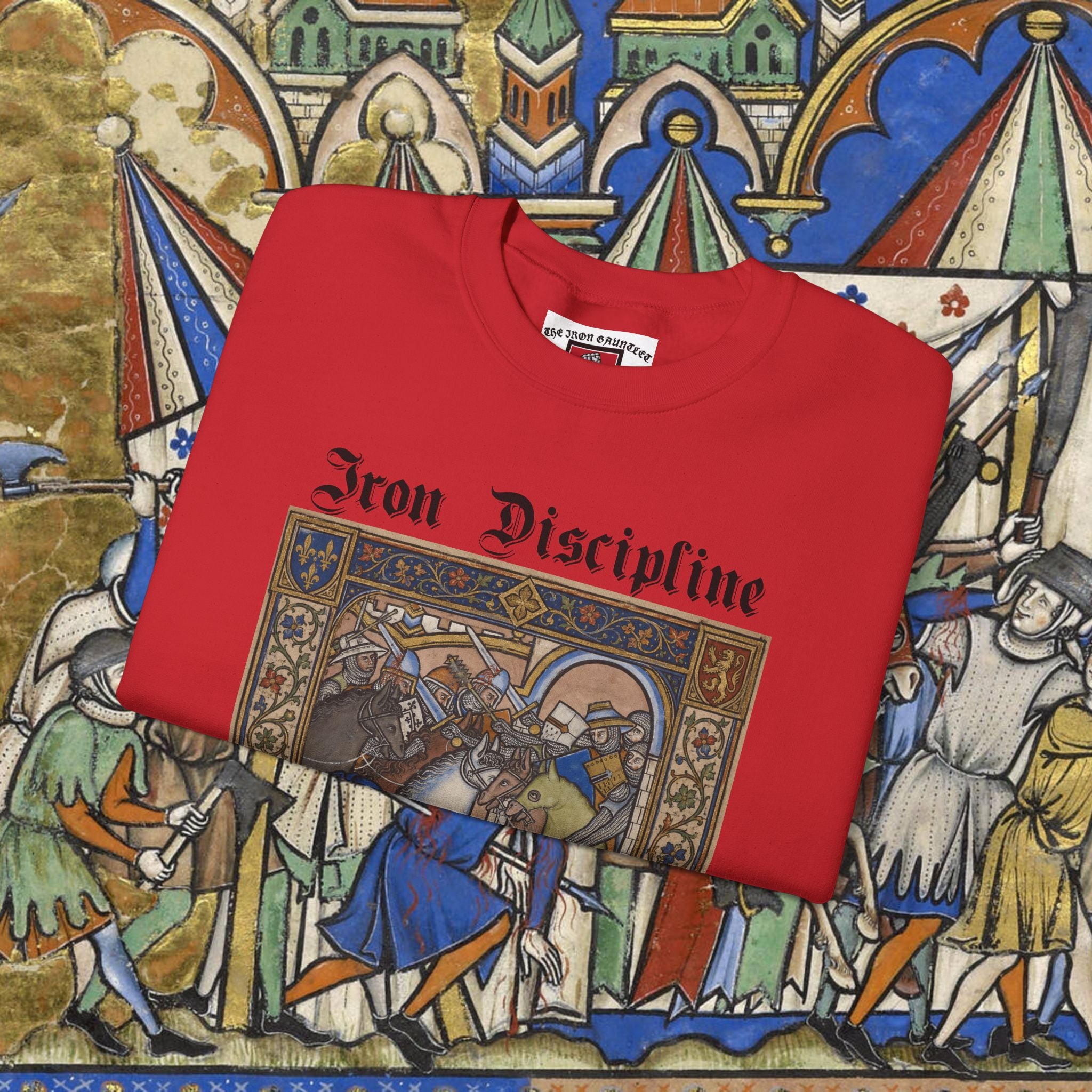 Iron Discipline Crewneck Sweatshirt — Medieval Gauntlet Graphic