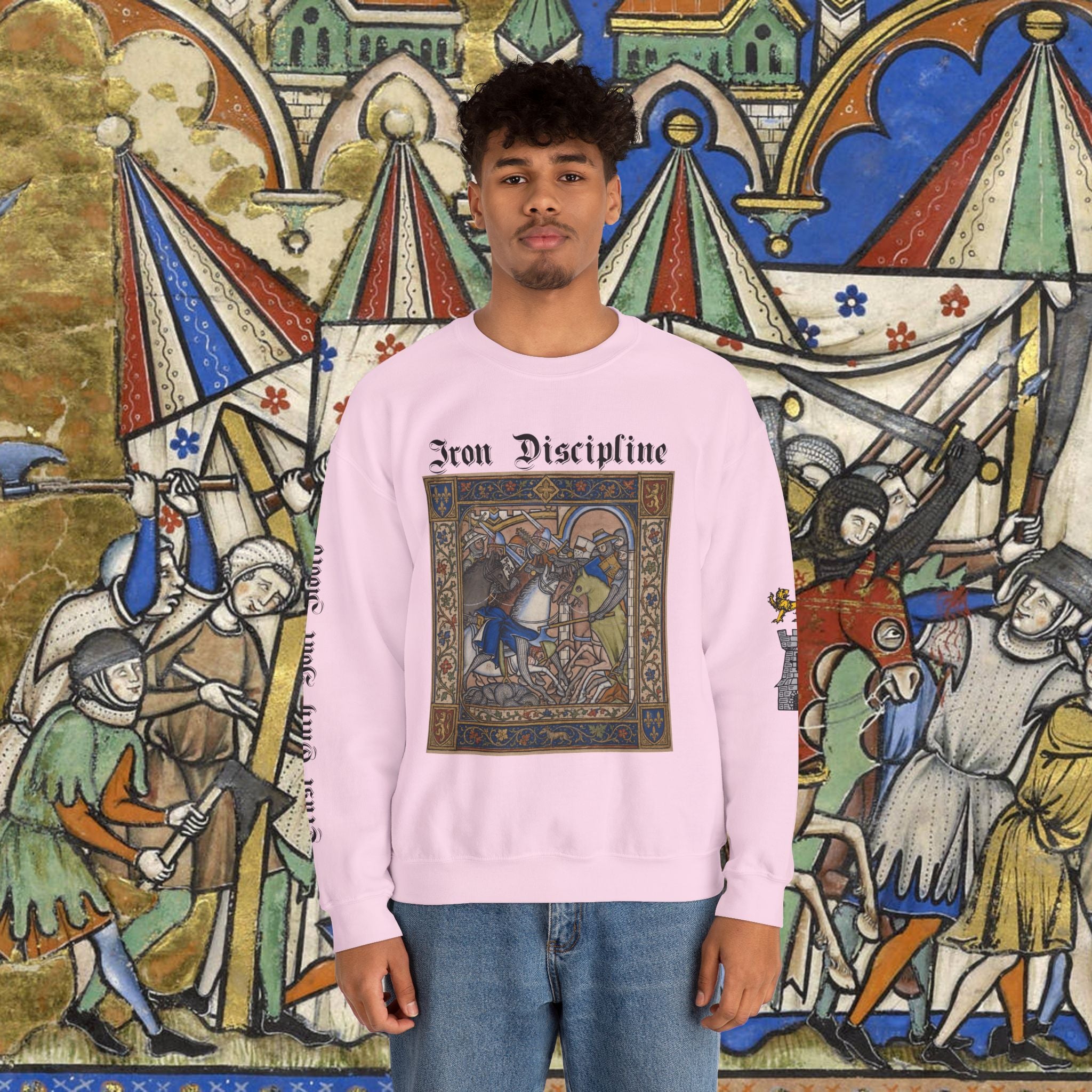 Iron Discipline Crewneck Sweatshirt — Medieval Gauntlet Graphic