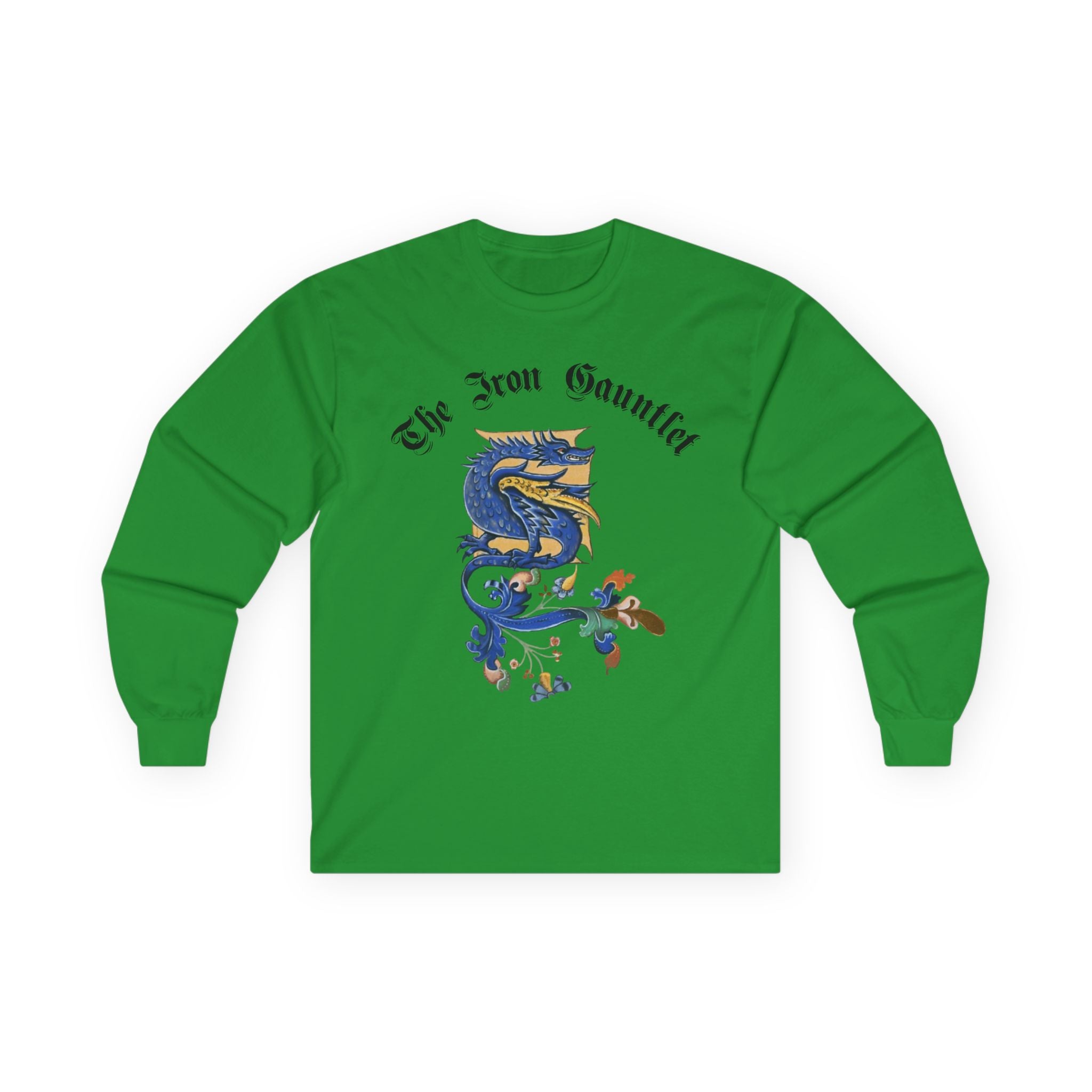 Medieval Gauntlet Long Sleeve Tee — 'The Iron Gauntlet' Dragon Crest Shirt