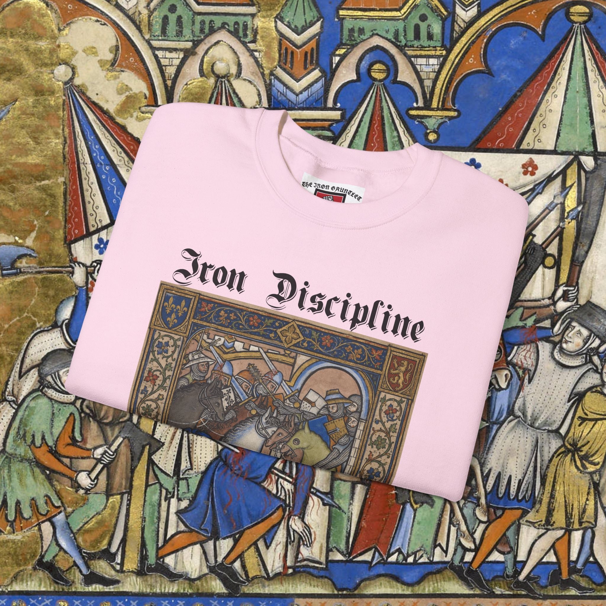 Iron Discipline Crewneck Sweatshirt — Medieval Gauntlet Graphic