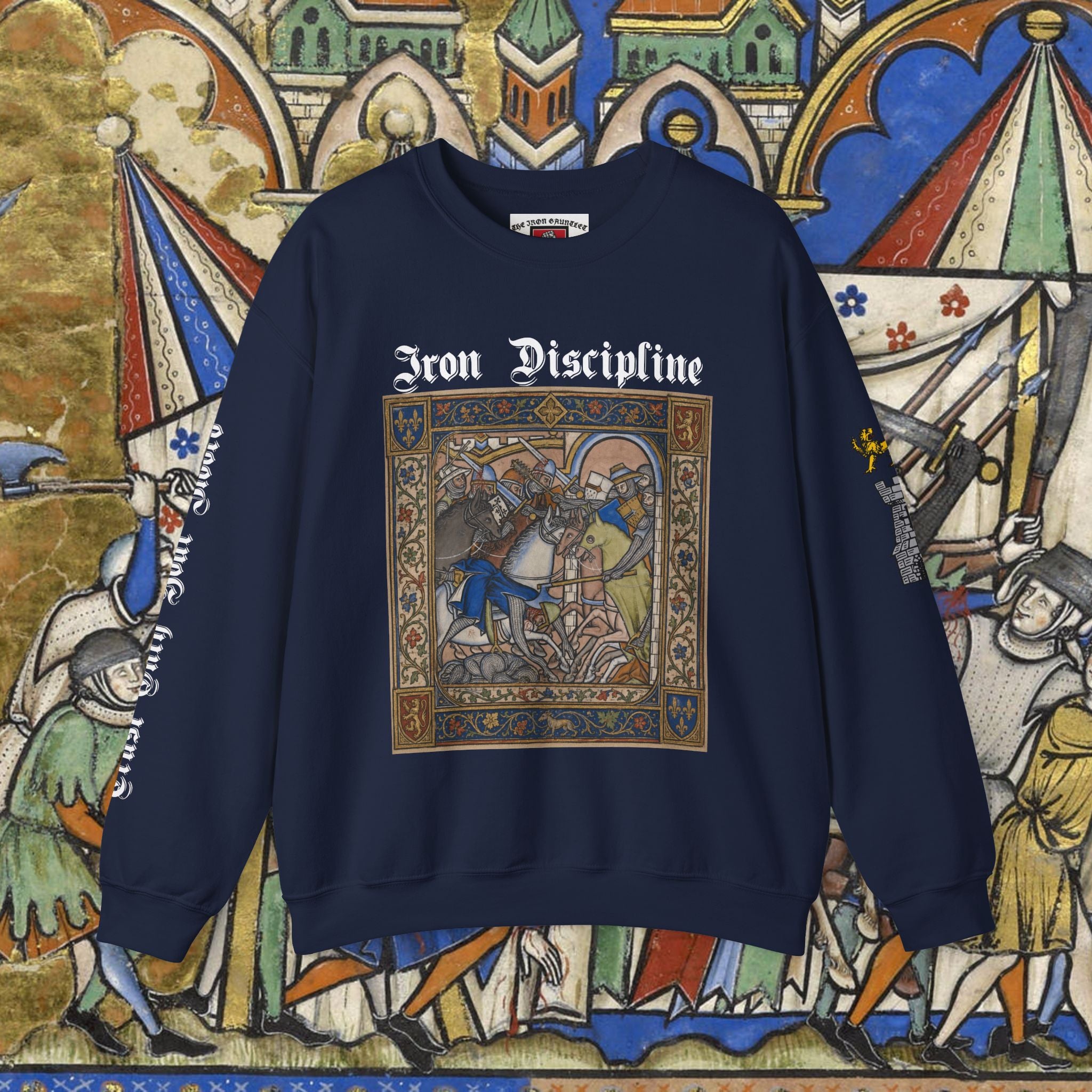 Iron Discipline Crewneck Sweatshirt — Medieval Gauntlet Graphic
