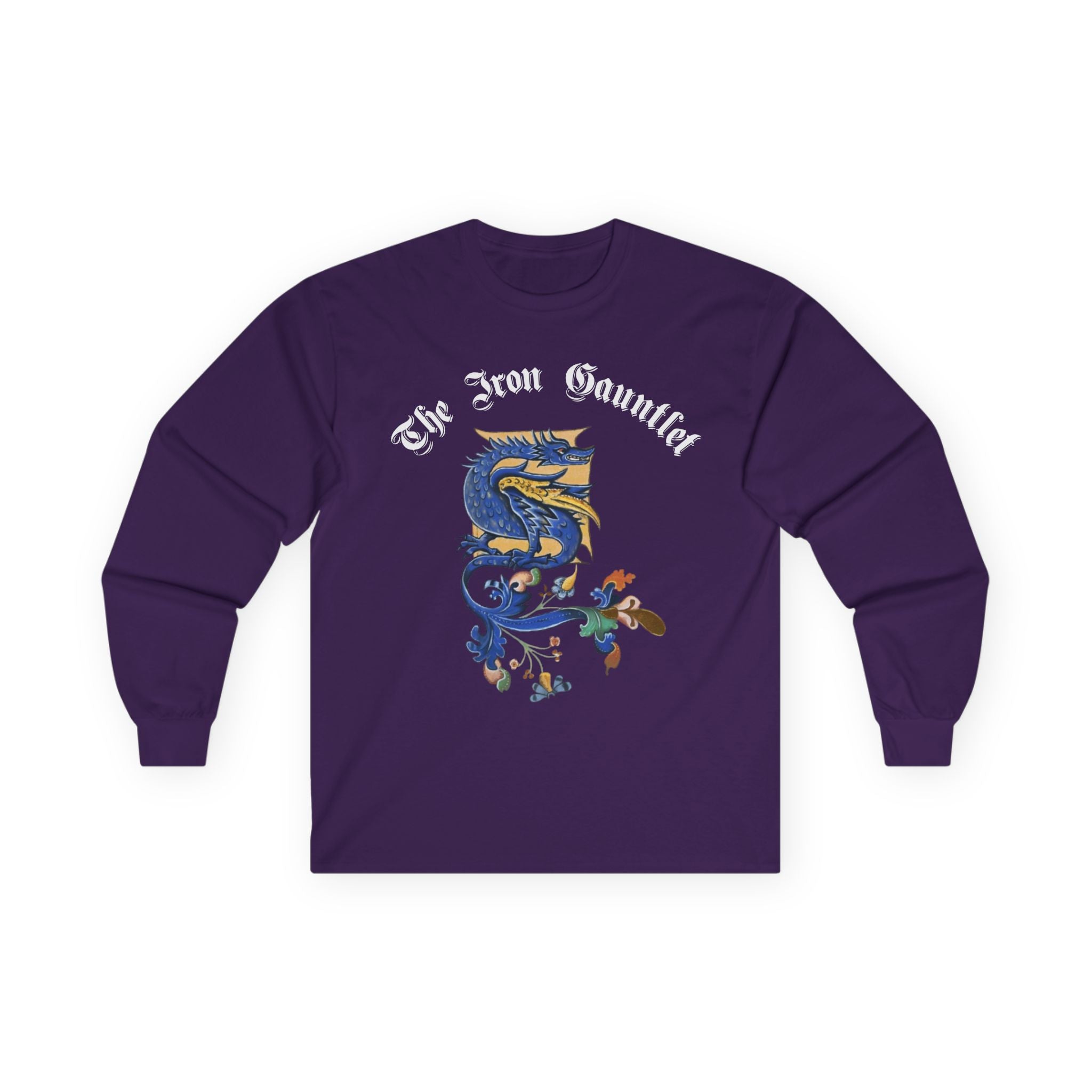 Medieval Gauntlet Long Sleeve Tee — 'The Iron Gauntlet' Dragon Crest Shirt