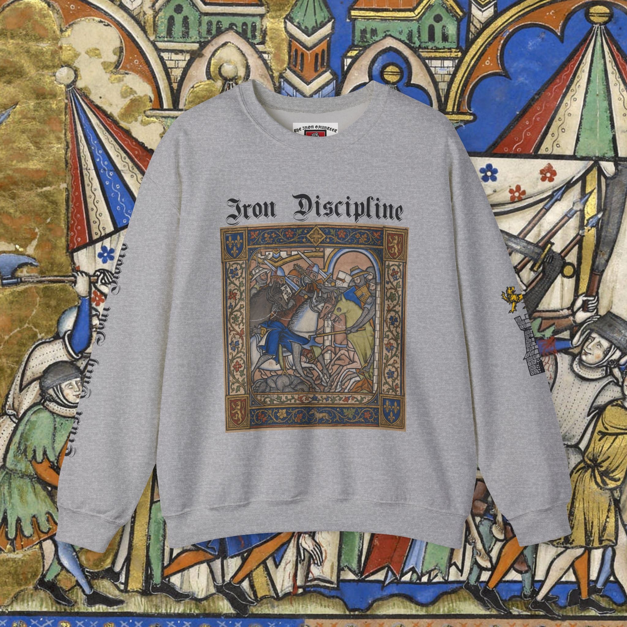 Iron Discipline Crewneck Sweatshirt — Medieval Gauntlet Graphic