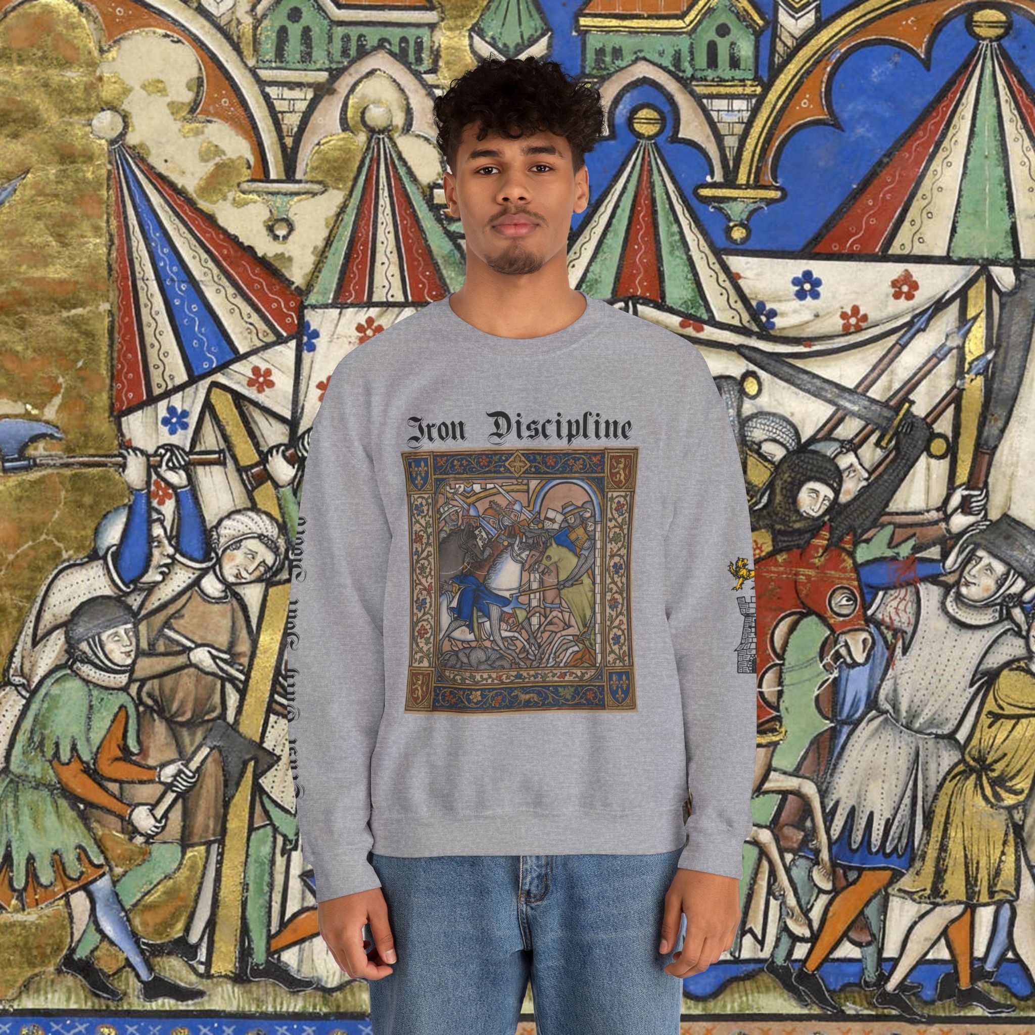 Iron Discipline Crewneck Sweatshirt — Medieval Gauntlet Graphic