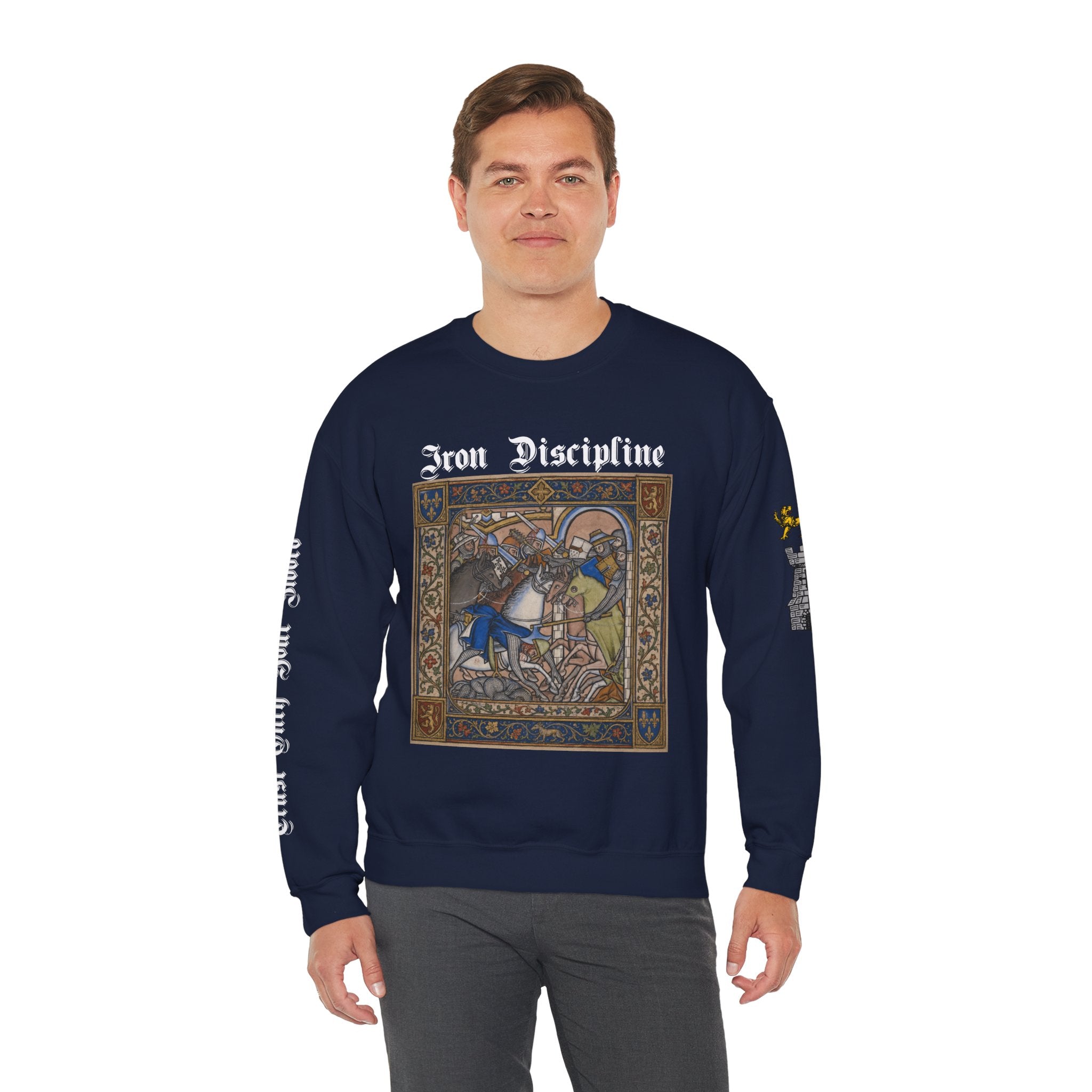 Iron Discipline Crewneck Sweatshirt — Medieval Gauntlet Graphic