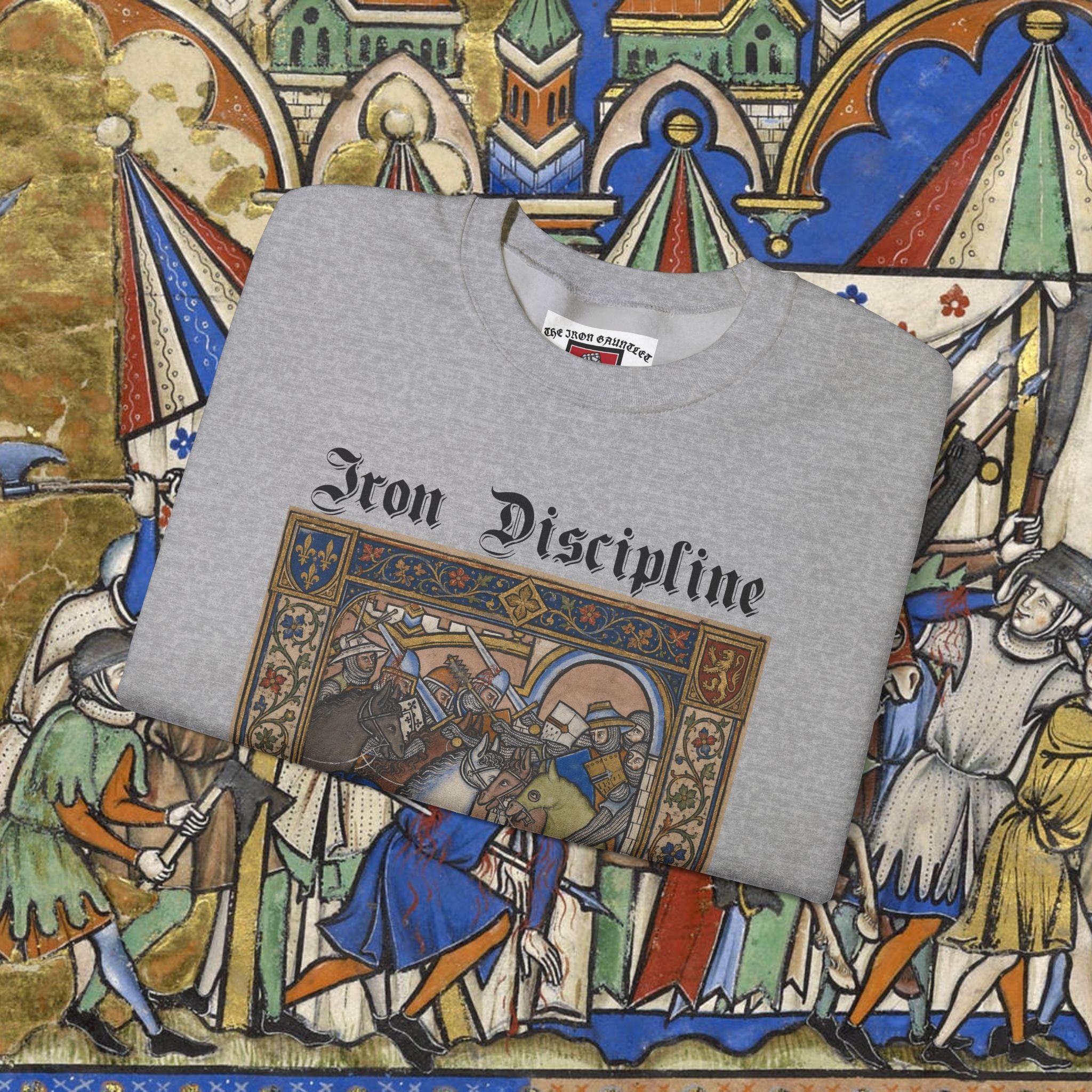 Iron Discipline Crewneck Sweatshirt — Medieval Gauntlet Graphic
