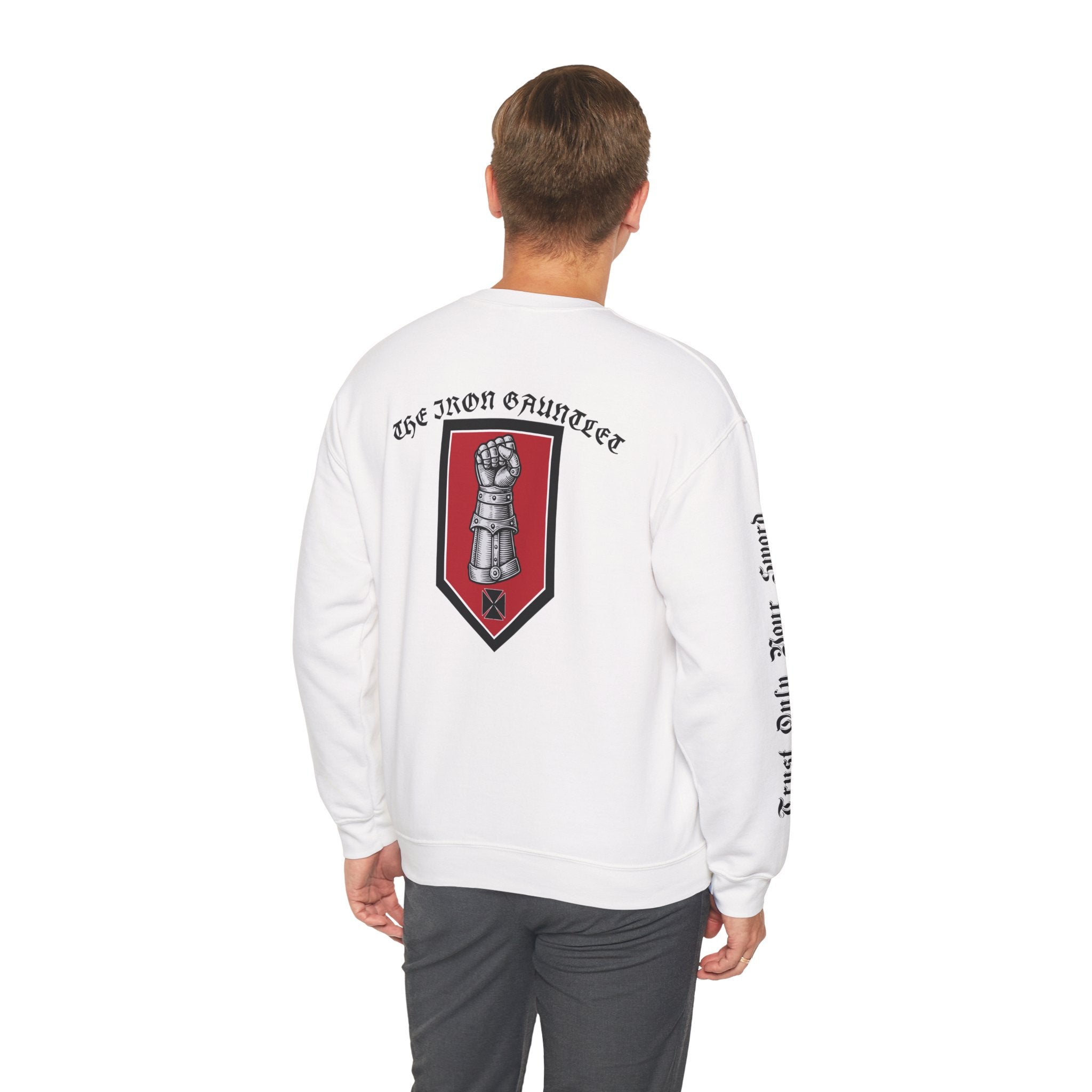 Iron Discipline Crewneck Sweatshirt — Medieval Gauntlet Graphic