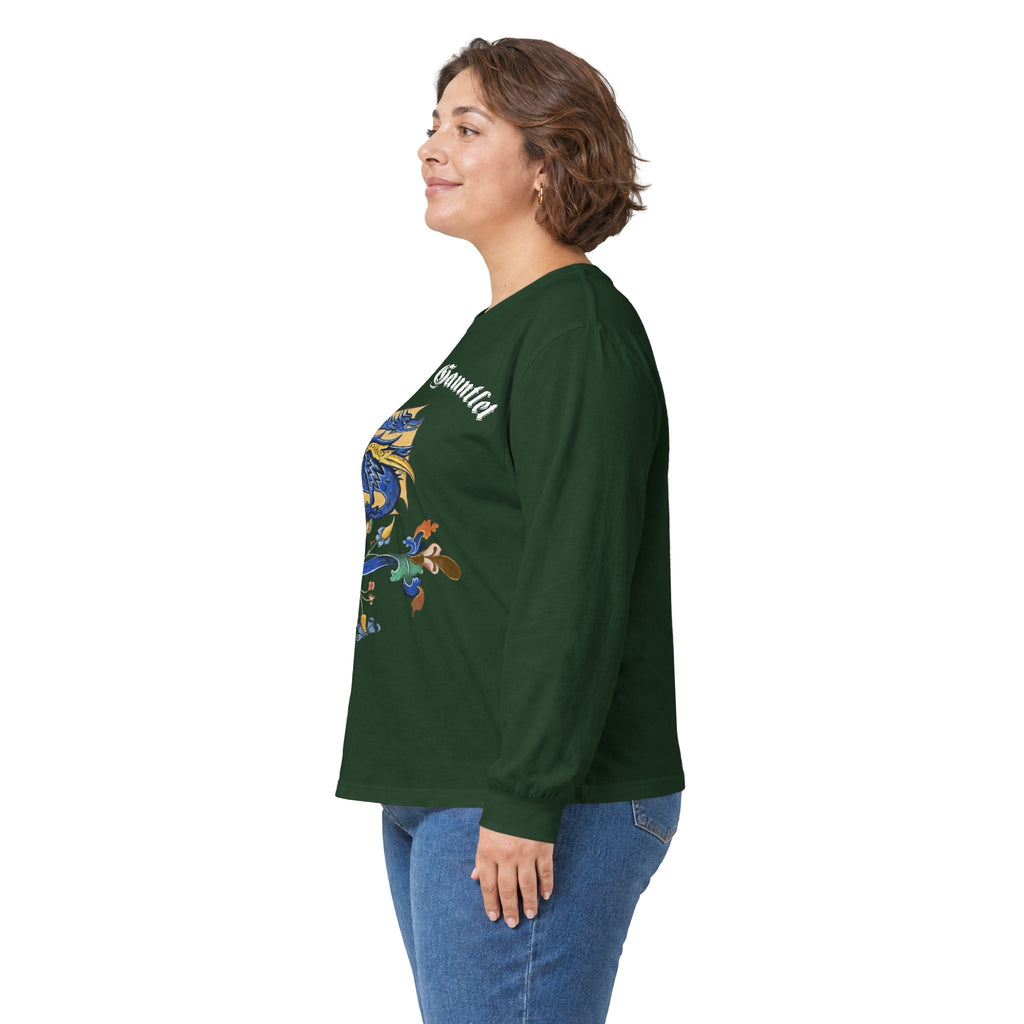 Medieval Gauntlet Long Sleeve Tee — 'The Iron Gauntlet' Dragon Crest Shirt