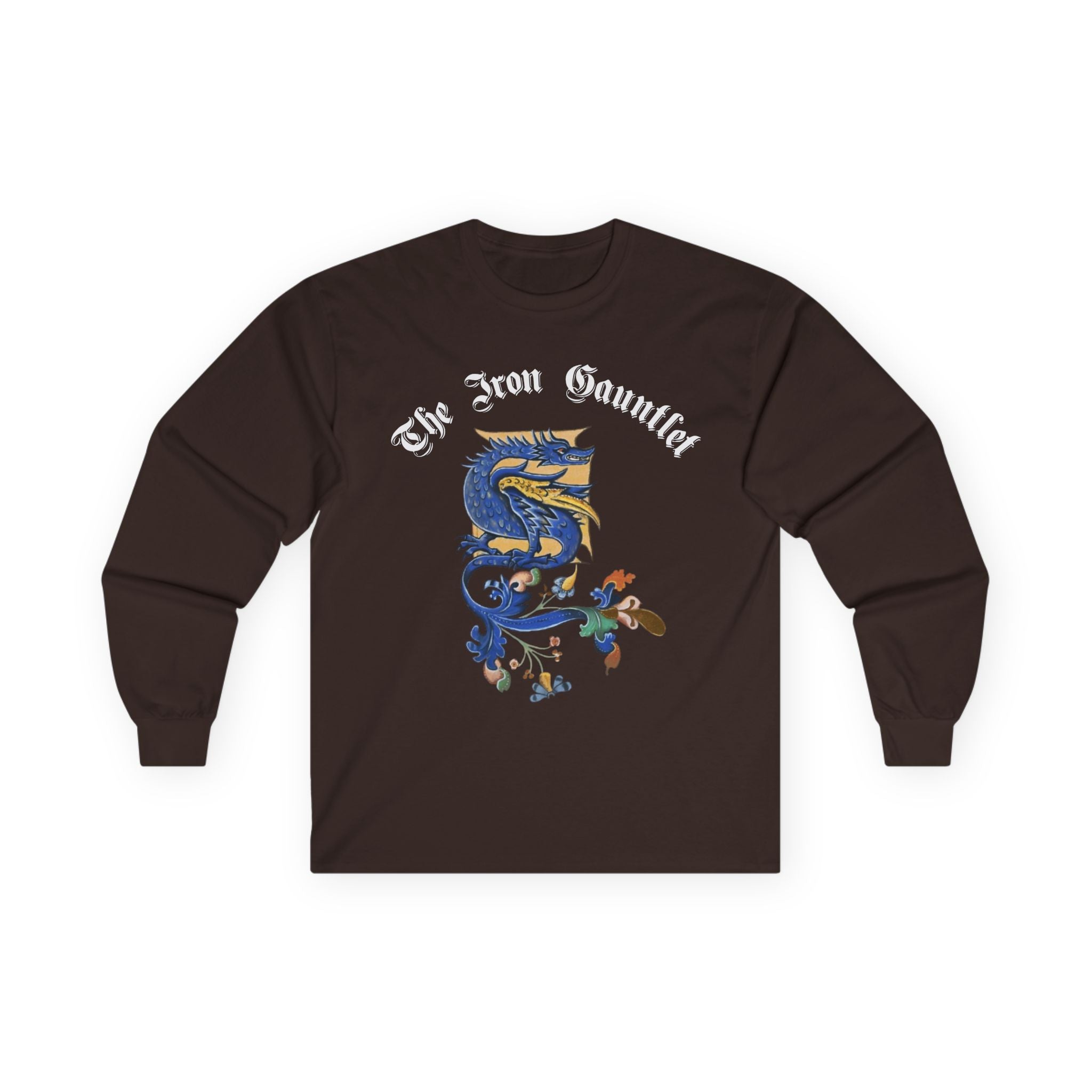 Medieval Gauntlet Long Sleeve Tee — 'The Iron Gauntlet' Dragon Crest Shirt