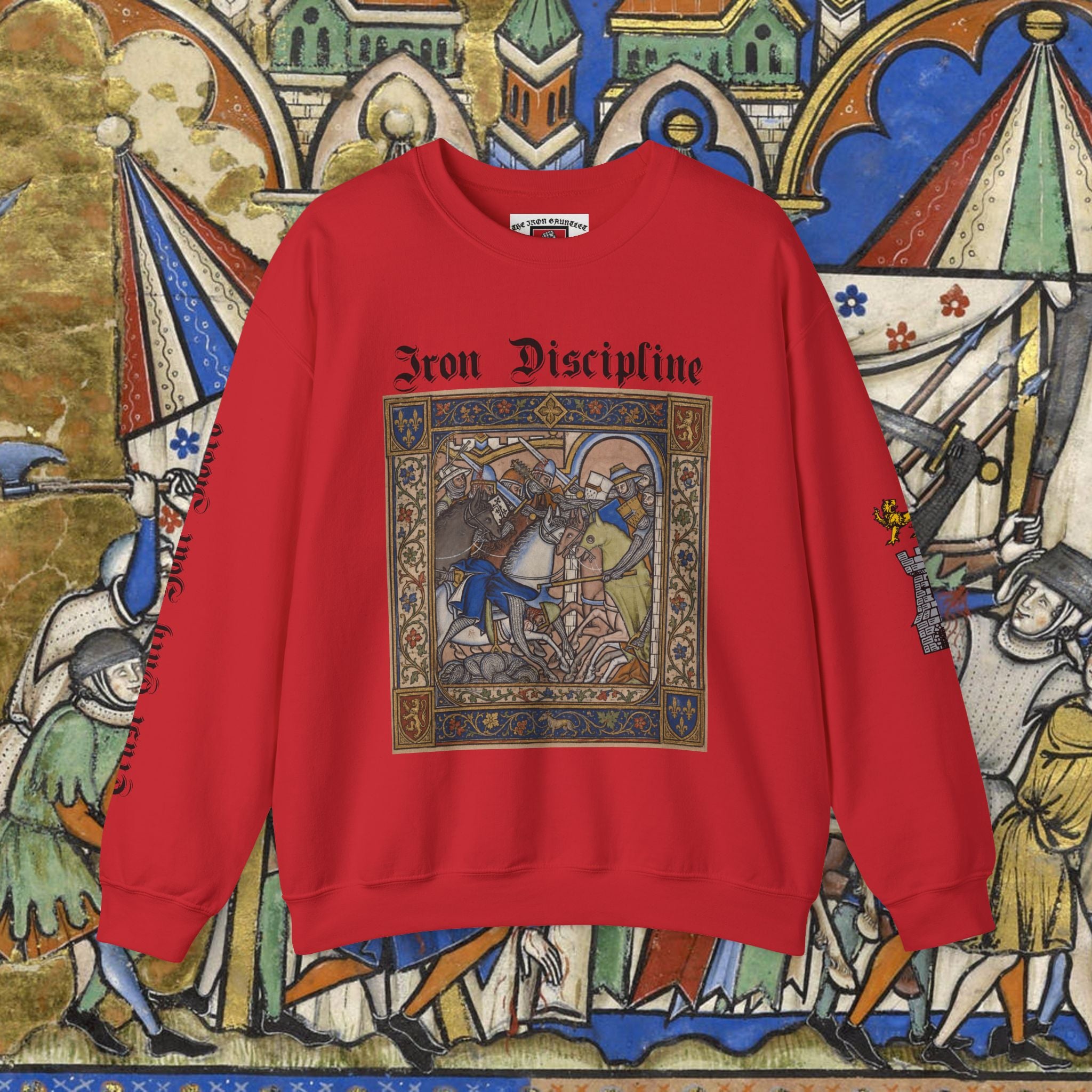 Iron Discipline Crewneck Sweatshirt — Medieval Gauntlet Graphic