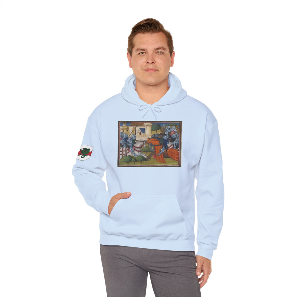 Medieval Knight Hoodie — Heraldic Fist Crest & Tapestry Art Hoodie
