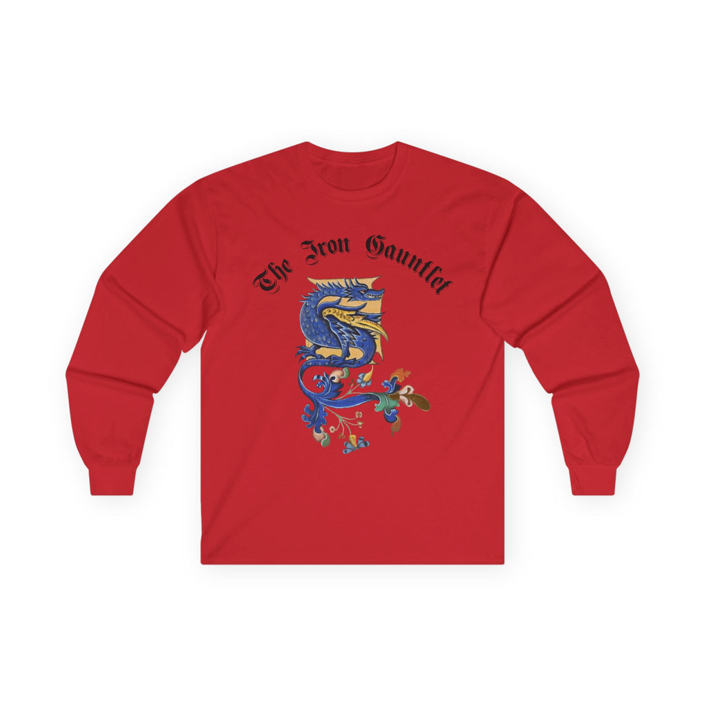 Medieval Gauntlet Long Sleeve Tee — 'The Iron Gauntlet' Dragon Crest Shirt