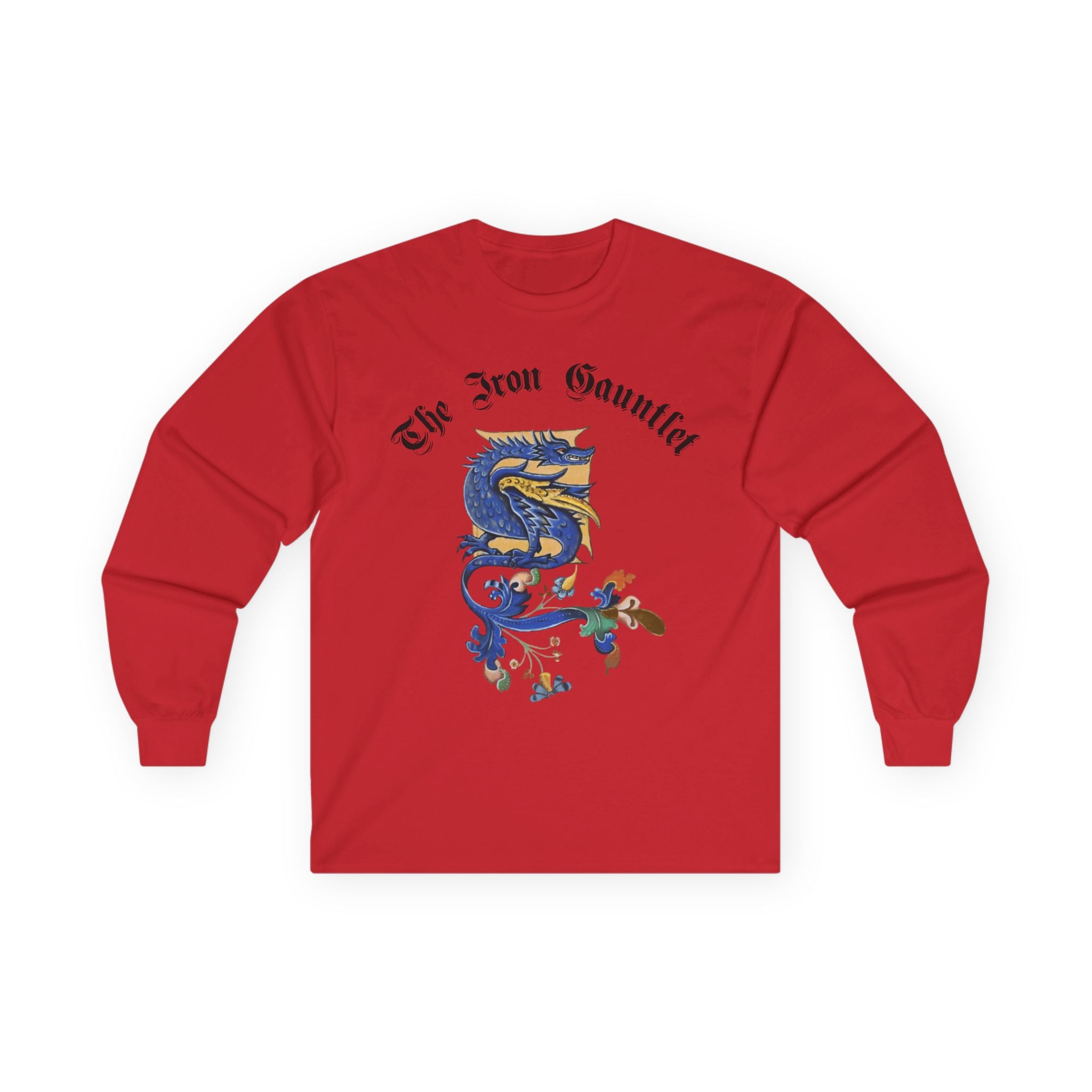 Medieval Gauntlet Long Sleeve Tee — 'The Iron Gauntlet' Dragon Crest Shirt