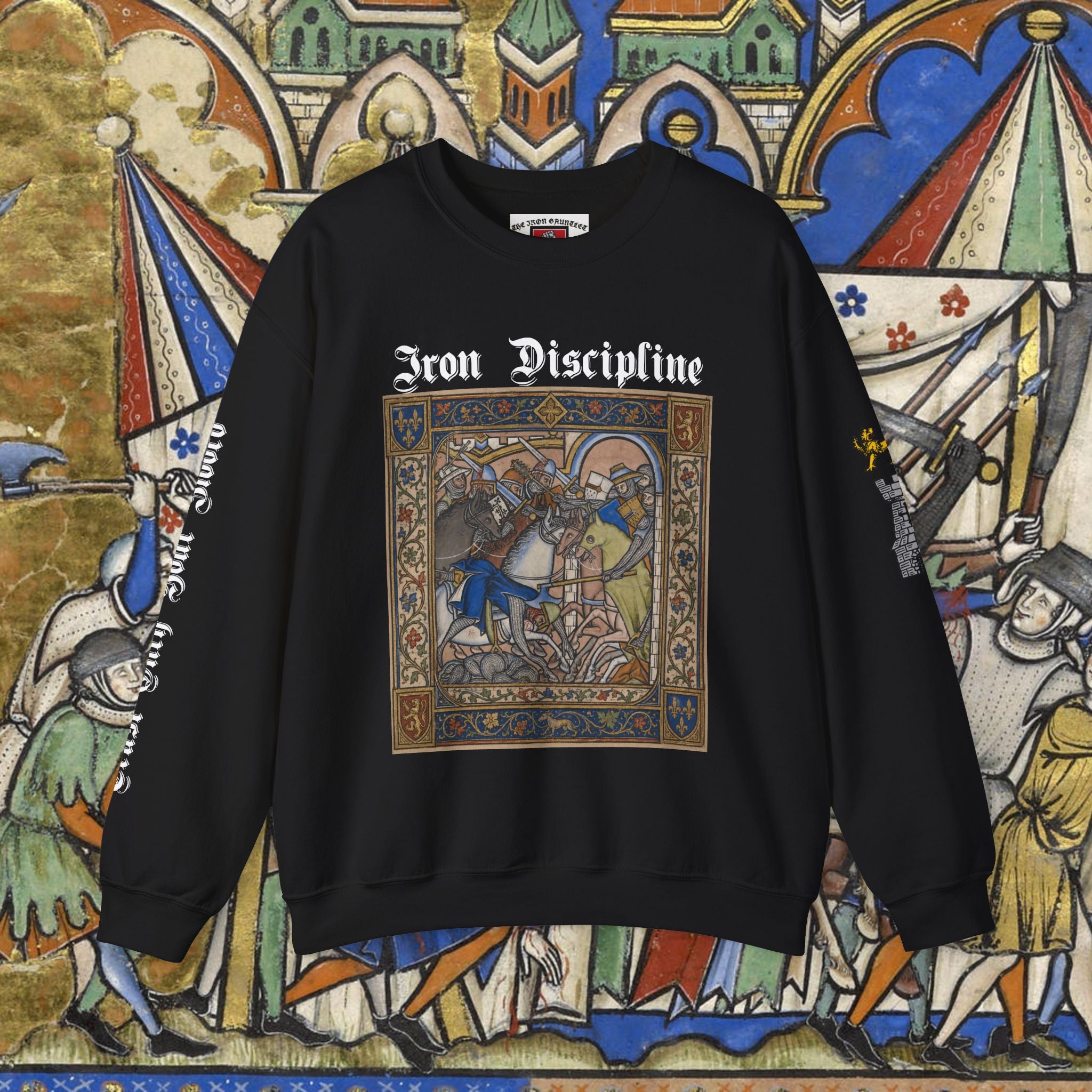 Iron Discipline Crewneck Sweatshirt — Medieval Gauntlet Graphic