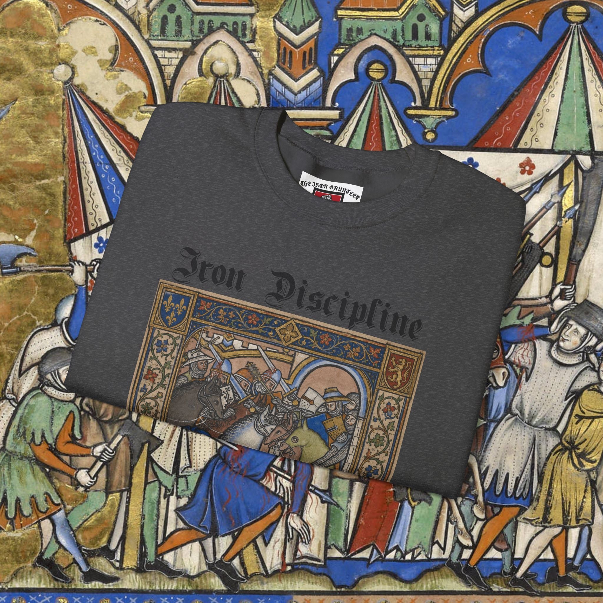 Iron Discipline Crewneck Sweatshirt — Medieval Gauntlet Graphic