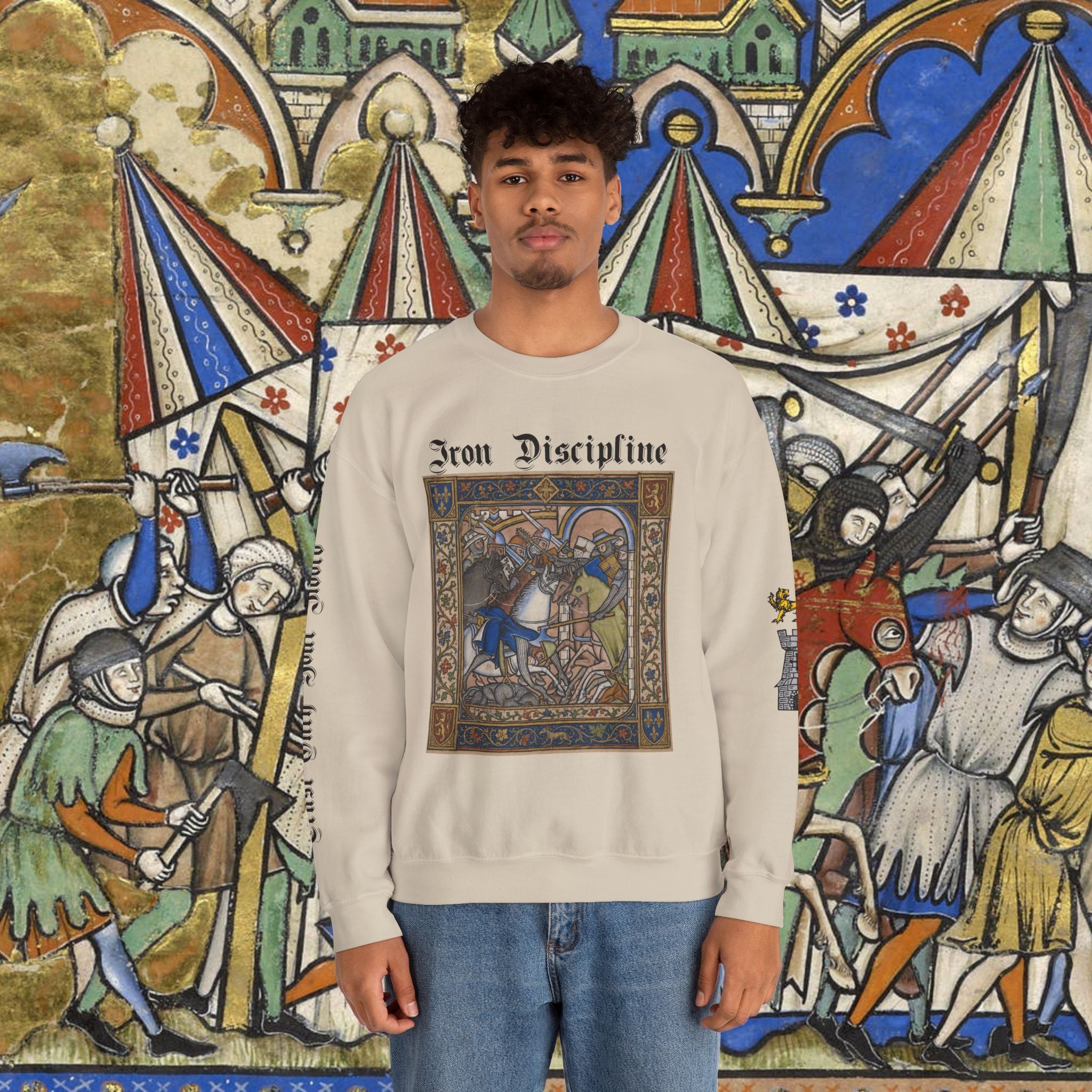 Iron Discipline Crewneck Sweatshirt — Medieval Gauntlet Graphic